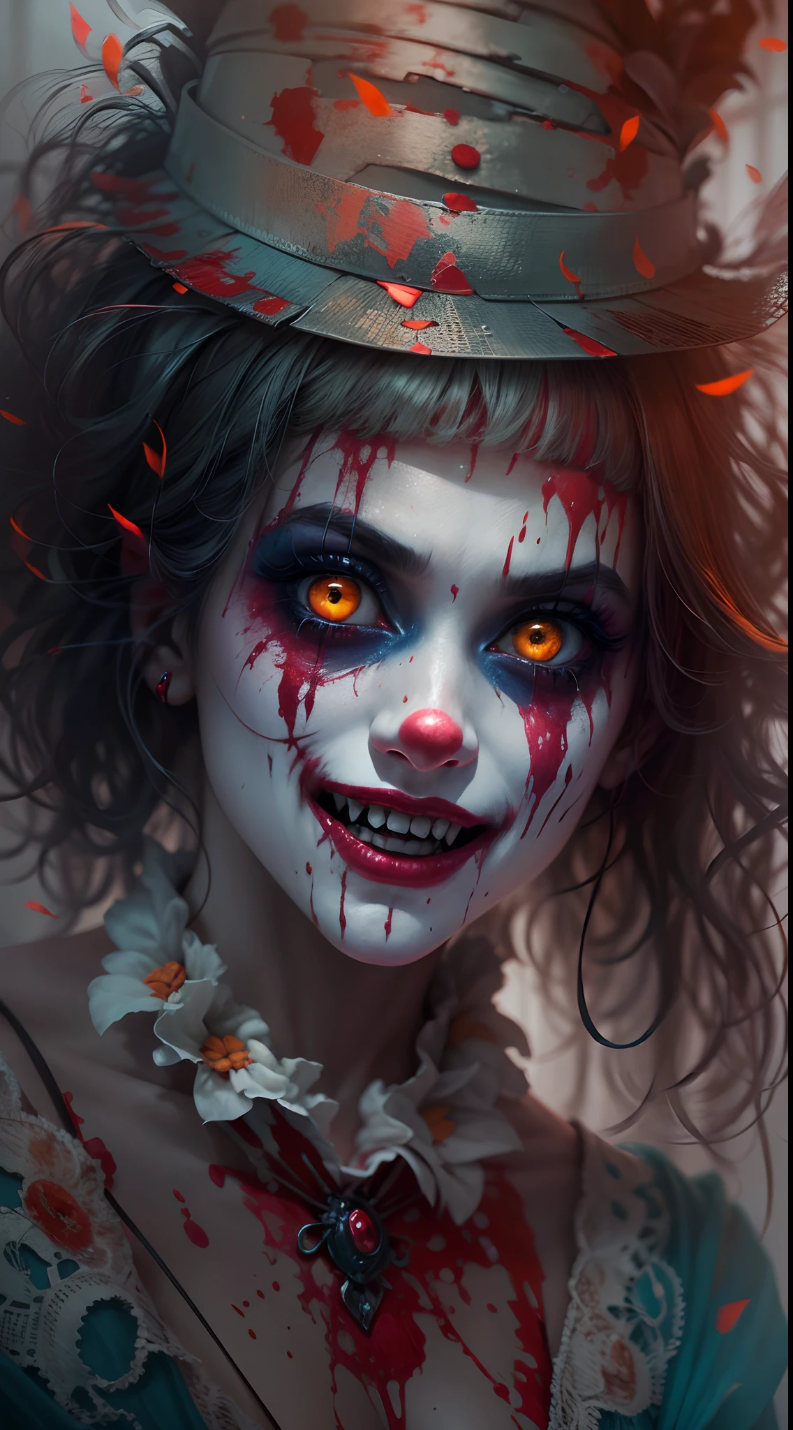 Weird psychopath Halle Quinn,Bloodshot eyes,Crazy expression,horror smile,Reddens Nose,Cute,Wavy hair, feathered headdress,Sparkling sequins,(Colorful clown costumes),oil painted,creepy atmosphera,eerie lights,Haunted hospital,It's all blood.Detail texture、painterly style、Psychological thriller、arte de terror、Gorgeous but unsettling、It's terrifyingly real、It's terrifyingly realistic、Surrealist elements、Unconventional beauty、Provocative、Dramatic impact,(Portrait of Horror:1.1)