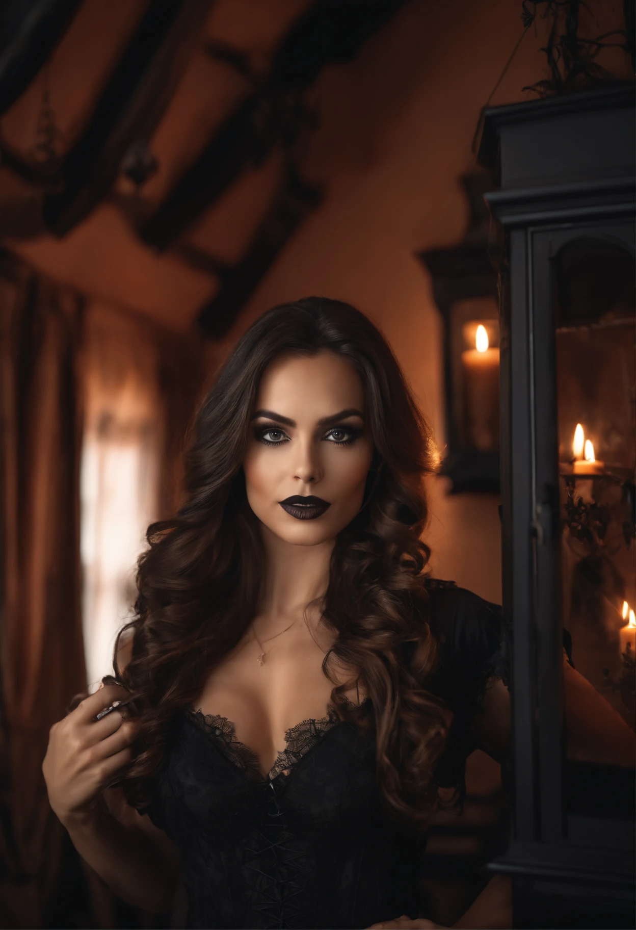 woman fully , sexy girl with brown eyes, ultra realistic, meticulously detailed, brunette hair, selfie of a young woman, bedroom , natural makeup, wearing sexy witch costume for Halloween.  Standing in front of black homes Halloween theme