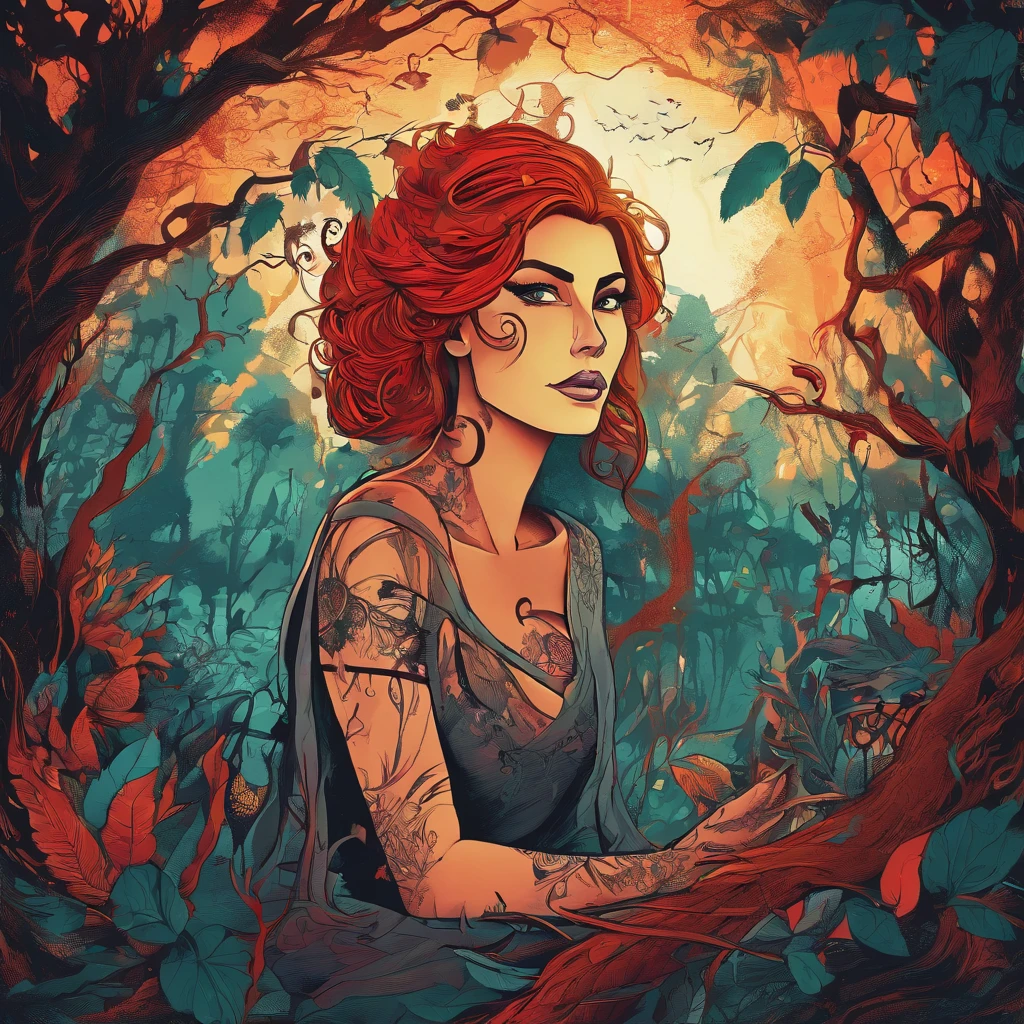 (a red-haired jungle woman,spells:1.1,glowing:1.1)(illustration)(best quality,ultra-detailed,realistic:1.37), jungle woman(demonic:1.1)(magic:1.1)(forest)(dark and mysterious,ominous atmosphere),casting powerful spells,creating magical energy(magic:1.1),vibrant red hair(swirling red hair)(dreadlocks red hair),,fiery embers swirling(magical embers:1.1)(glowing embers),magical aura(glowing aura),eerie shadows,otherworldly presence(presence),sinister smile,nightfall in the background(dark night:1.1)(moonlit forest),lush and dense foliage(twisted trees)(mystical plants:1.1),mystical particles(swirling particles)(floating particles),ethereal glow(ethereal:1.1)(soft glow),faint moonlight breaking through the trees,haunting and captivating(scary atmosphere),bewitching beauty,wide range of colors(vivid colors)(contrasting colors),mystical realm,impressive details,dynamic composition,mesmerizing artwork,photorealistic style(picasso style),impressive shading and lighting,explosive energy,magical atmosphere(fantasy atmosphere),dreamlike scene