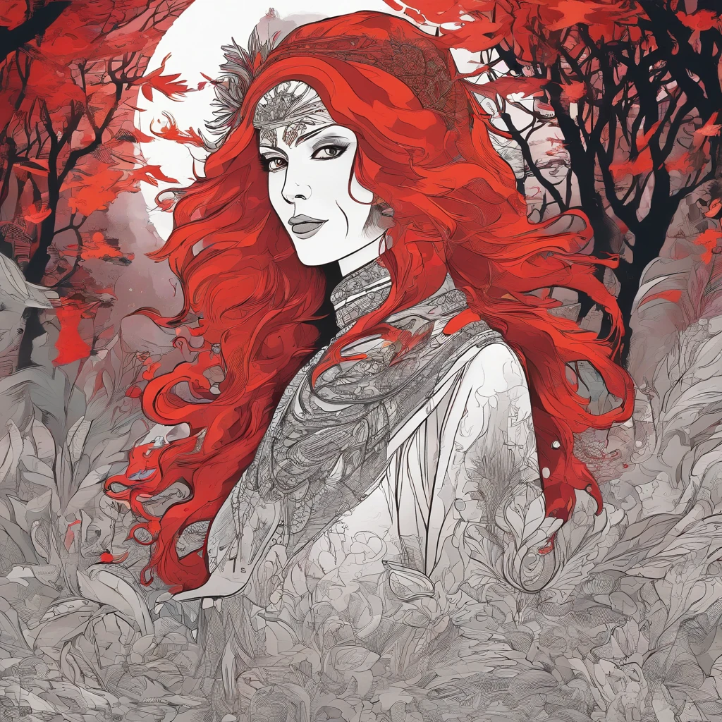 (a red-haired jungle woman,spells:1.1,glowing:1.1)(illustration)(best quality,ultra-detailed,realistic:1.37), jungle woman(demonic:1.1)(magic:1.1)(forest)(dark and mysterious,ominous atmosphere),casting powerful spells,creating magical energy(magic:1.1),vibrant red hair(swirling red hair)(dreadlocks red hair),,fiery embers swirling(magical embers:1.1)(glowing embers),magical aura(glowing aura),eerie shadows,otherworldly presence(presence),sinister smile,nightfall in the background(dark night:1.1)(moonlit forest),lush and dense foliage(twisted trees)(mystical plants:1.1),mystical particles(swirling particles)(floating particles),ethereal glow(ethereal:1.1)(soft glow),faint moonlight breaking through the trees,haunting and captivating(scary atmosphere),bewitching beauty,wide range of colors(vivid colors)(contrasting colors),mystical realm,impressive details,dynamic composition,mesmerizing artwork,photorealistic style(picasso style),impressive shading and lighting,explosive energy,magical atmosphere(fantasy atmosphere),dreamlike scene