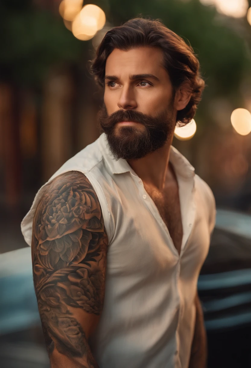 Cria um homem com tema 3D Disney/Pixar at 34 years old with beard, medium brown hair like green eyes , with an iPhone 15 in his hand with street background and with tattoos