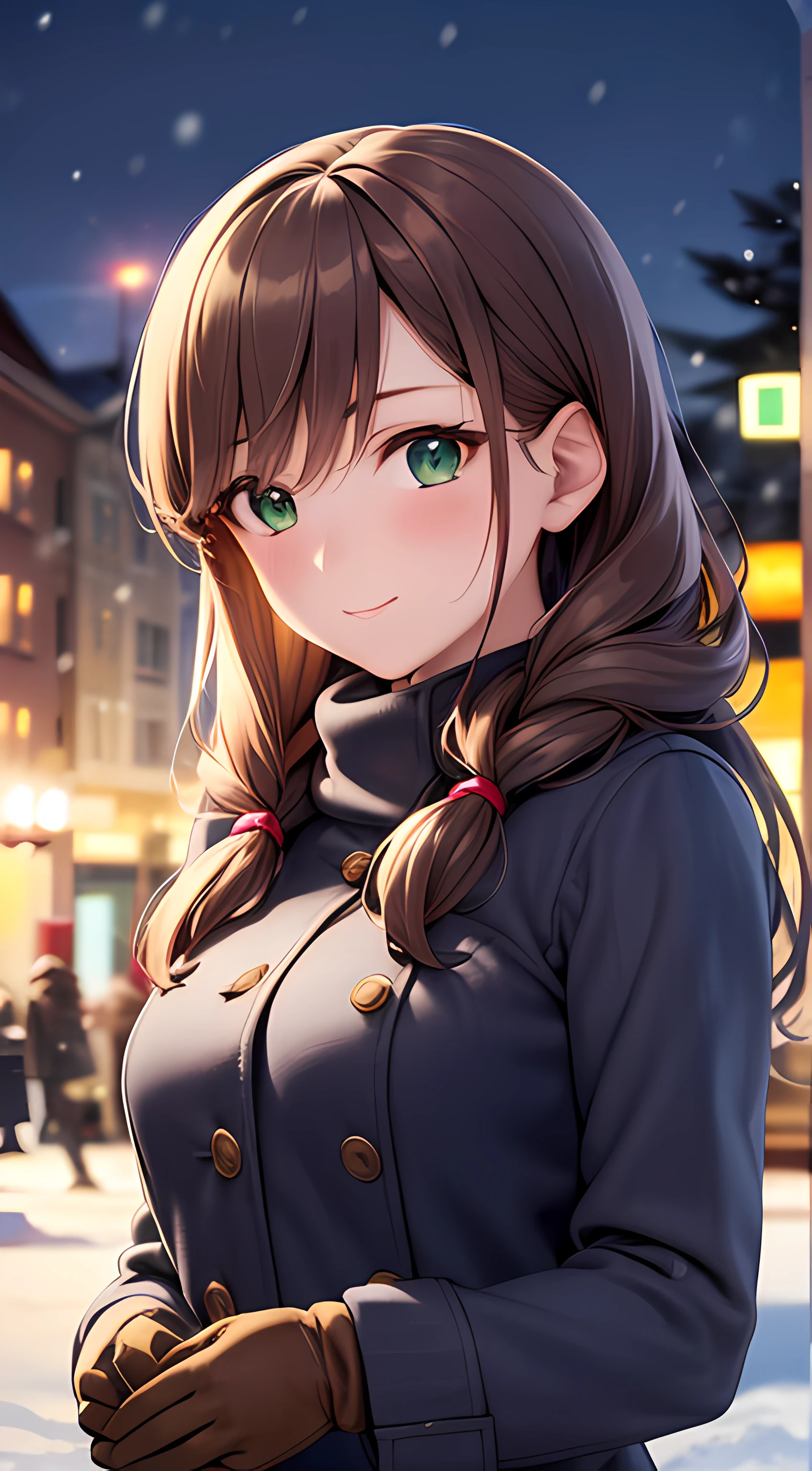 ((masterpiece, best quality, highres, UHD, perfect pixel, depth of field, 4k, RTX, HDR)), 1girl, single, solo, 24 years old, beautiful anime girl, beautiful artstyle, anime character, ((long hair, bangs, braided hair, brown hair, wavy hair)), (green eyes:1.4, rounded eyes, beautiful eyelashes, realistic eyes), (detailed face, blushing:1.2), (smooth texture:0.55, realistic texture:0.65, photorealistic:1.2, cinematic, anime CG style), medium breasts, perfect body, busty, (dynamic angle, pov, close up), ((winter clothes, long coats, mittens, gloves, long underwear)), night, night lamp, city lights, bokeh:1.4, (outdoor, city buildings, crowd), ((winter, snow, snow crystal, winter pine trees)), sly smile