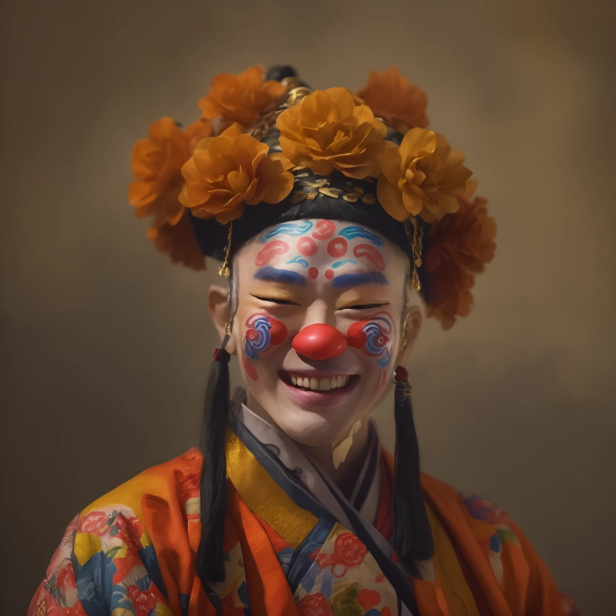 ((Close-up of the upper body of a man with the ugly face of a matchmaker in rural China)), (A super hilarious Peking Opera clown face), ( big laughter: 1.0), （Matchmaker makeup：1.10），Big red face，（A large red flower is worn on his head），A muscular man, fit and muscular body, (No hair 1.0), obi strip，A wide training cloth is tied around the waist ，（Wearing the headdress of the matchmaker in the play：0.8）
Background with: Many Peking Opera and Sichuan Opera masks hang on the black walls, Simple background,close up photograph,Photography,Ukiyo-e art,Caricature,Masterpiece,illustration,Encaustic painting,Portrait of Fayoum,Matte painting,Photorealism,Photorealistic,sober, Image via Bradford Young,author：david bailey,author：Laurent Bayeux,Refined atmosphere,Dark atmosphere,Tilt-Shift,Waist Shot(WS),Close up,Mood lighting, --AR 3:4 - Style original - varnishing ，a 3D render