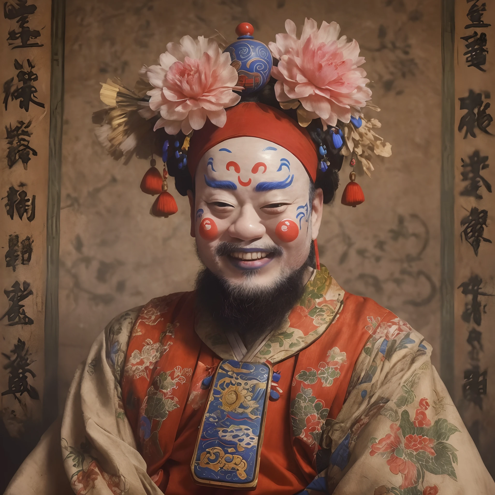 ((Close-up of the upper body of a man with the ugly face of a matchmaker in rural China)), (A super hilarious Peking Opera clown face), ( big laughter: 1.0), （Matchmaker makeup：1.10），Big red face，（A large red flower is worn on his head），A muscular man, fit and muscular body, (No hair 1.0), obi strip，A wide training cloth is tied around the waist ，（Wearing the headdress of the matchmaker in the play：0.8）
Background with: Many Peking Opera and Sichuan Opera masks hang on the black walls, Simple background,close up photograph,Photography,Ukiyo-e art,Caricature,Masterpiece,illustration,Encaustic painting,Portrait of Fayoum,Matte painting,Photorealism,Photorealistic,sober, Image via Bradford Young,author：david bailey,author：Laurent Bayeux,Refined atmosphere,Dark atmosphere,Tilt-Shift,Waist Shot(WS),Close up,Mood lighting, --AR 3:4 - Style original - varnishing ，a 3D render