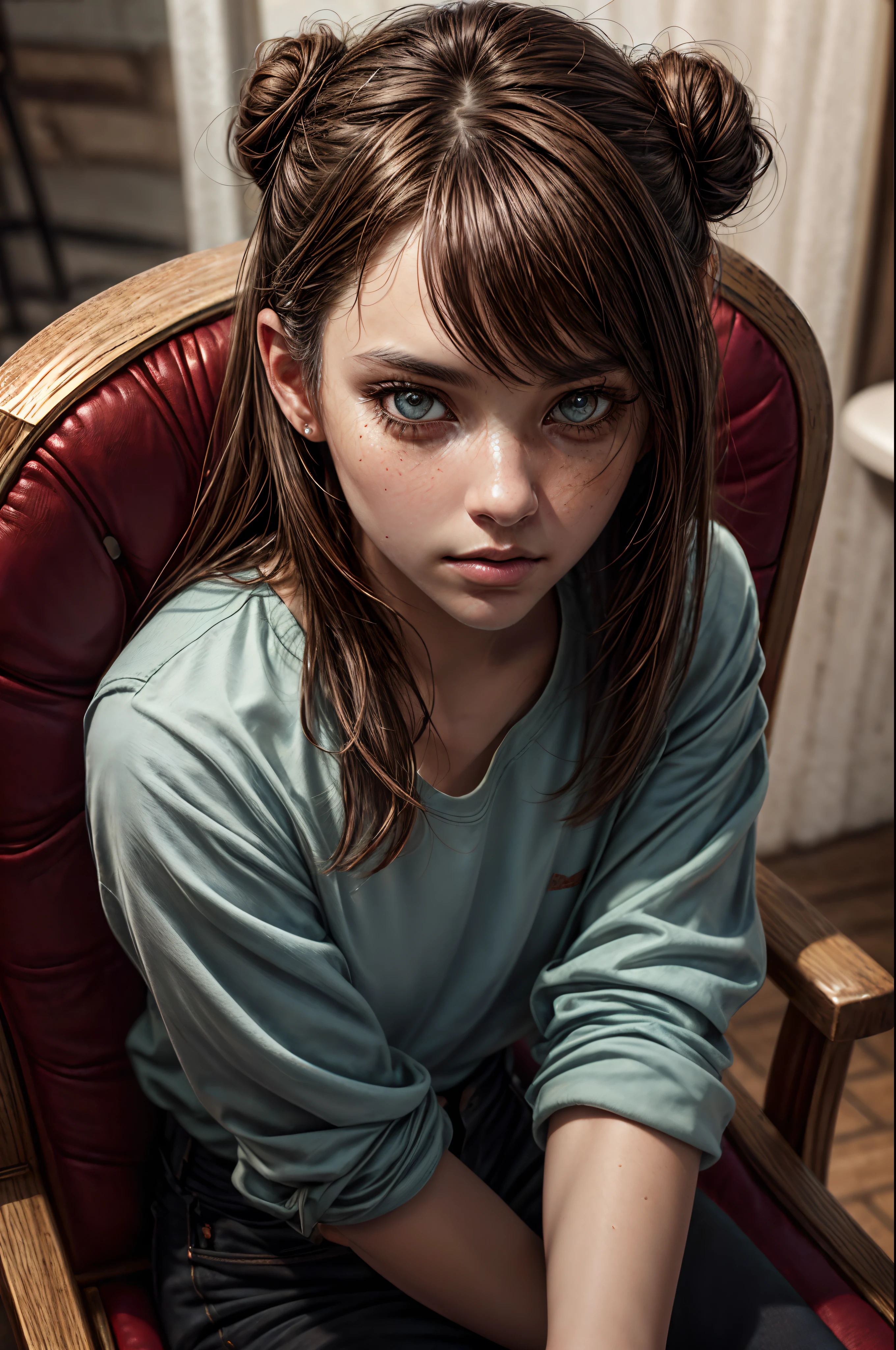 8K,Best quality, masterpiece, ultra high res, (photorealistic:1.4), raw photo, (Authentic skin texture:1.3), (film grain:1.3), (selfie angle),1girl, one bun hairstyle, brown hair, sitting, chair, bored, hand supporting chin, beautiful detailed eyes and face,masterpiece, best quality,close-up,upper body