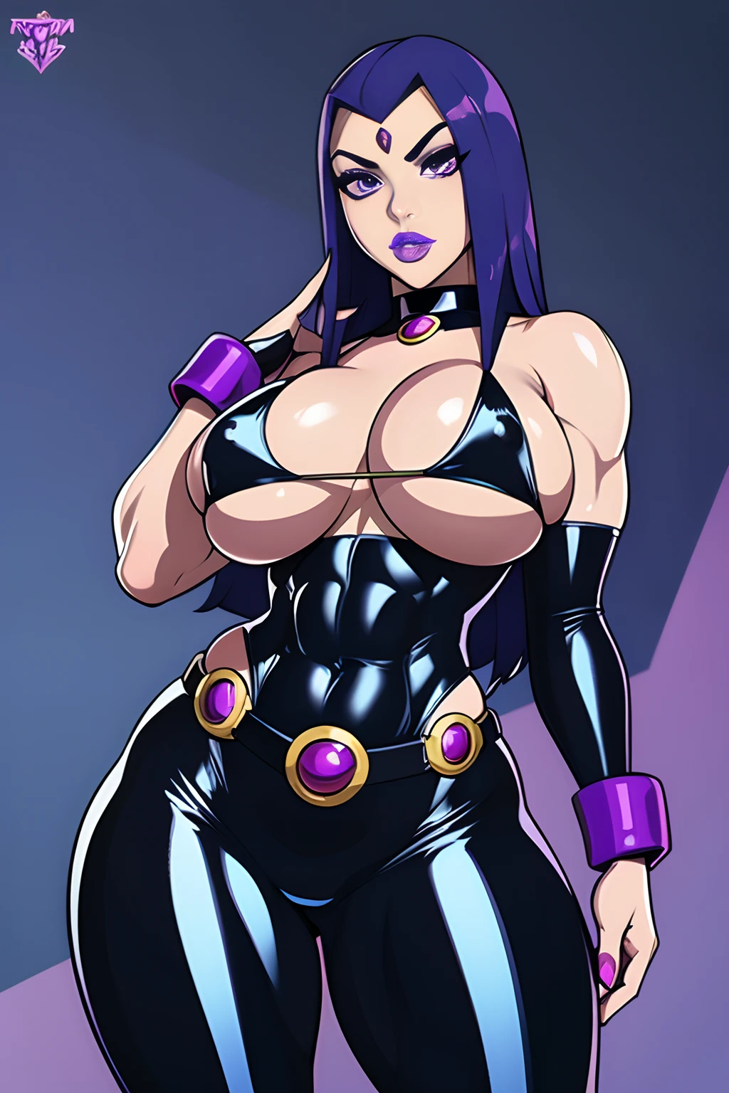 Raven from teen titans, 1girl, long blue hair,  lips, painted lips, thick lips, hips, thighs, round breast, ass, bimbo face, muscular stomach abs, shiny skin, breasts squeezed together, natural breasts, black latex top, belts, hand signs, underboob,