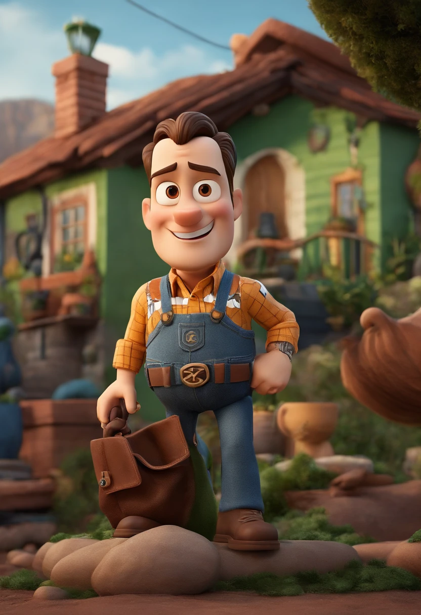 Criar um Poster 3D inspirado na Pixar capturando um homem de 35 anos, muito branco, with black cap, olhos castanhos claros um pouco verdes, sobrancelha loira e barba e bigode aparados na cor loiro quase branco, with tattoos on the arms, alargador nas duas orelhas na com prata com uma pequena usando roupa jeans no ambiente de trabalho
