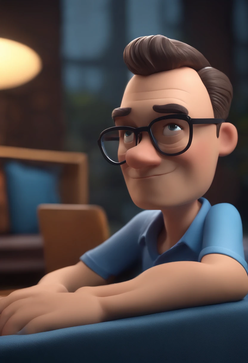 Cartoon character of a man wearing black glasses and a blue shirt, um personagem animado, Caractere estilizado, animation style rendering, 3D estilizado, Arnold Maya render, 3 d render stylized, toon render keyshot, Personagem 3D, Personagem 3D, 3d rendering stylized, 3 d character render, personagem de desenho animado, Personagem de close up, Pose de personagem, (Estilo Pixar) (master part:1.2) (Bokeh) (best quality) (pele detalhada) (textura detalhada) (8k) (argila) (Cinematic lighting) (foco nítido，Senta e vaza a parte superior do corpo