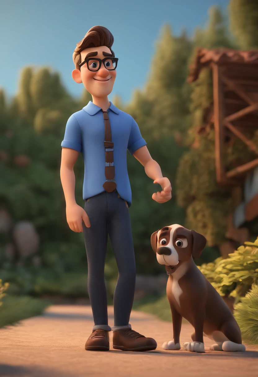 Cartoon character of a man wearing black glasses and a blue shirt, um personagem animado, Caractere estilizado, animation style rendering, 3D estilizado, Arnold Maya render, 3 d render stylized, toon render keyshot, Personagem 3D, Personagem 3D, 3d rendering stylized, 3 d character render, personagem de desenho animado, Personagem de close up, Pose de personagem, (Estilo Pixar) (master part:1.2) (Bokeh) (best quality) (pele detalhada) (textura detalhada) (8k) (argila) (Cinematic lighting) (foco nítido,Senta e vaza a parte superior do corpo