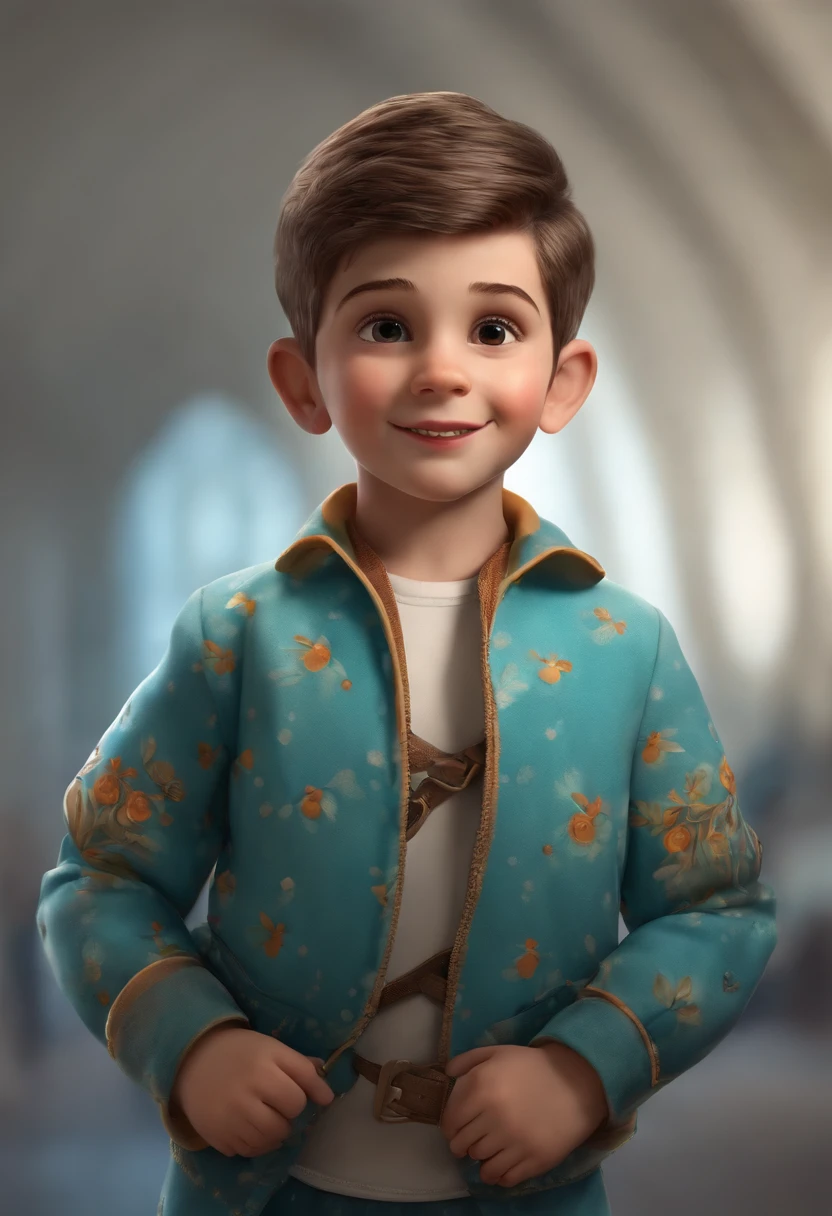 a happy cute kid standing short hair, vestindo uma fantasia espacial, , fundo branco, barnet, Tom, Estilo Pixar, ....3d, desenhos animados, rosto detalhado, 16k asymmetrical with beard and tattoos and with iPhone in hand