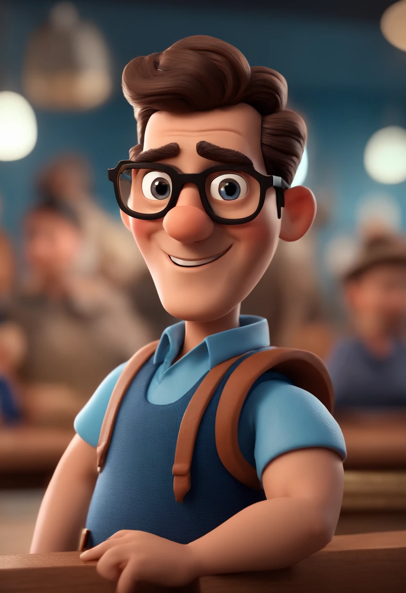 Cartoon character of a man with black glasses and a blue shirt, animation character, Caractere estilizado, animation style rendering, 3D estilizado, Arnold Maya render, 3 d render stylized, toon render keyshot, Personagem 3D, Personagem 3D, 3d rendering stylized, 3 d character render, personagem de desenho animado, Personagem de close up, Pose de personagem,  (Estilo Pixar) (master part:1.2) (Bokeh) (best quality) (pele detalhada) (textura detalhada) (8k) (argila) (Cinematic lighting) (foco nítido