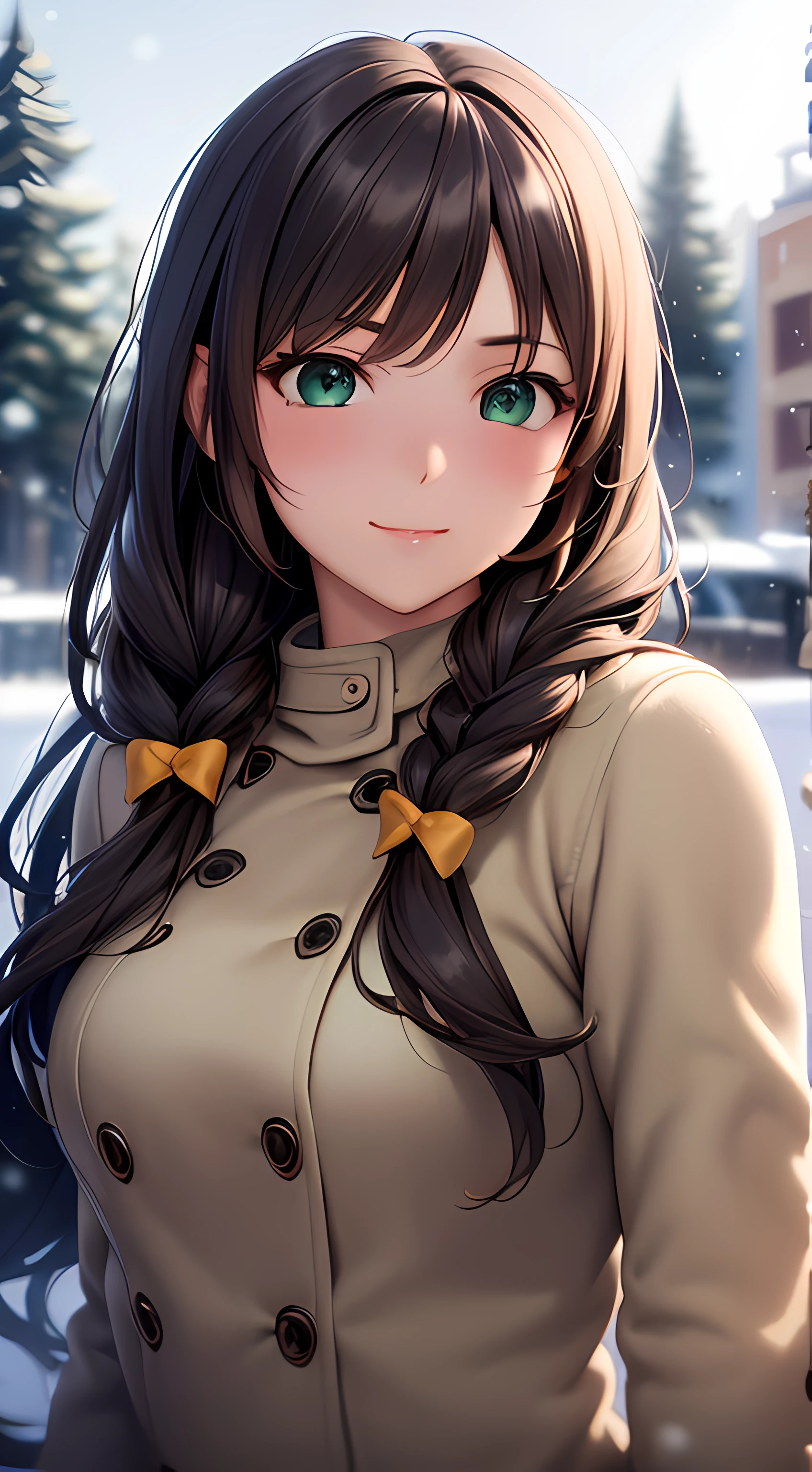 ((masterpiece, best quality, highres, UHD, perfect pixel, depth of field, 4k, RTX, HDR)), 1girl, single, solo, 24 years old, beautiful anime girl, beautiful artstyle, anime character, ((long hair, bangs, braided hair, brown hair, wavy hair)), (green eyes:1.4, rounded eyes, beautiful eyelashes, realistic eyes), (detailed face, blushing:1.2), (smooth texture:0.55, realistic texture:0.65, photorealistic:1.2, cinematic, anime CG style), medium breasts, perfect body, busty, (dynamic angle, pov, close up), ((winter clothes, long coats, mittens, gloves, long underwear)), night, night lamp, city lights, bokeh:1.4, (outdoor, city buildings, crowd), ((winter, snow, snow crystal, winter pine trees)), sly smile