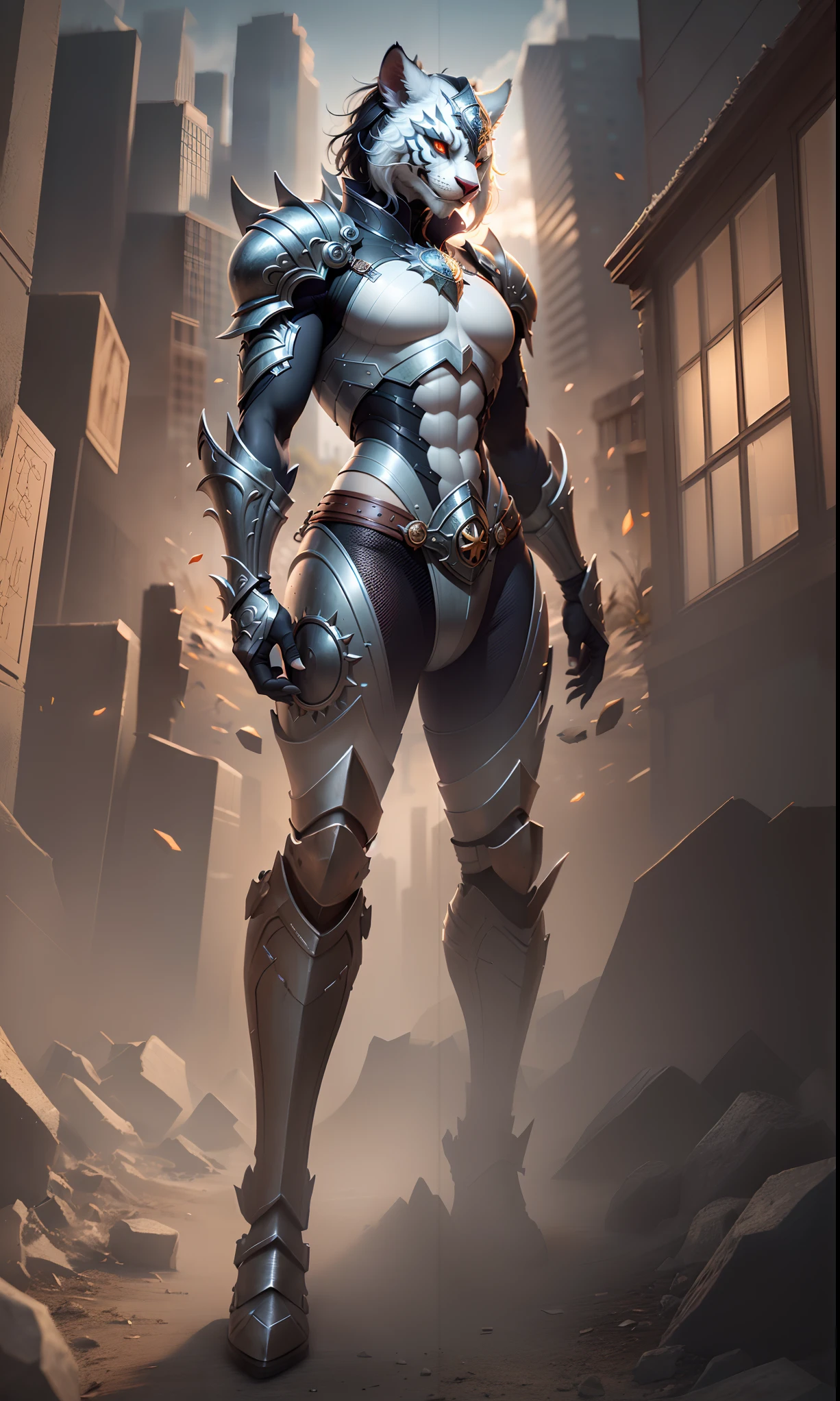 anthro, furry, female, ((full body)), muscule, white tiger girl, fluffy, delicated face, Delicated eyes, 1 tail, paladin armor, armor boots, Silver body, Silver scales, Red eyes, Glowing eyes, agressive, Outdoors, Extremely detailed Cg Unity 8K wallpaper, Realistic, Masterpiece, Highest quality, Lens flare, illusory engine, trending on artstationh, Intricate, High detail, Dramatic, Realism, Beautiful and detailed lighting, Shadows