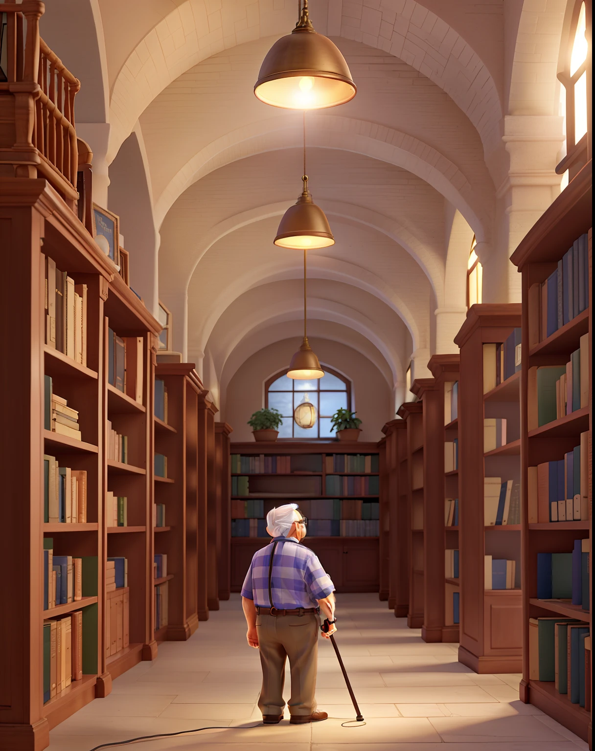 A wise old man standing in front, illuminated by the light of a lamp, against the backdrop of a library