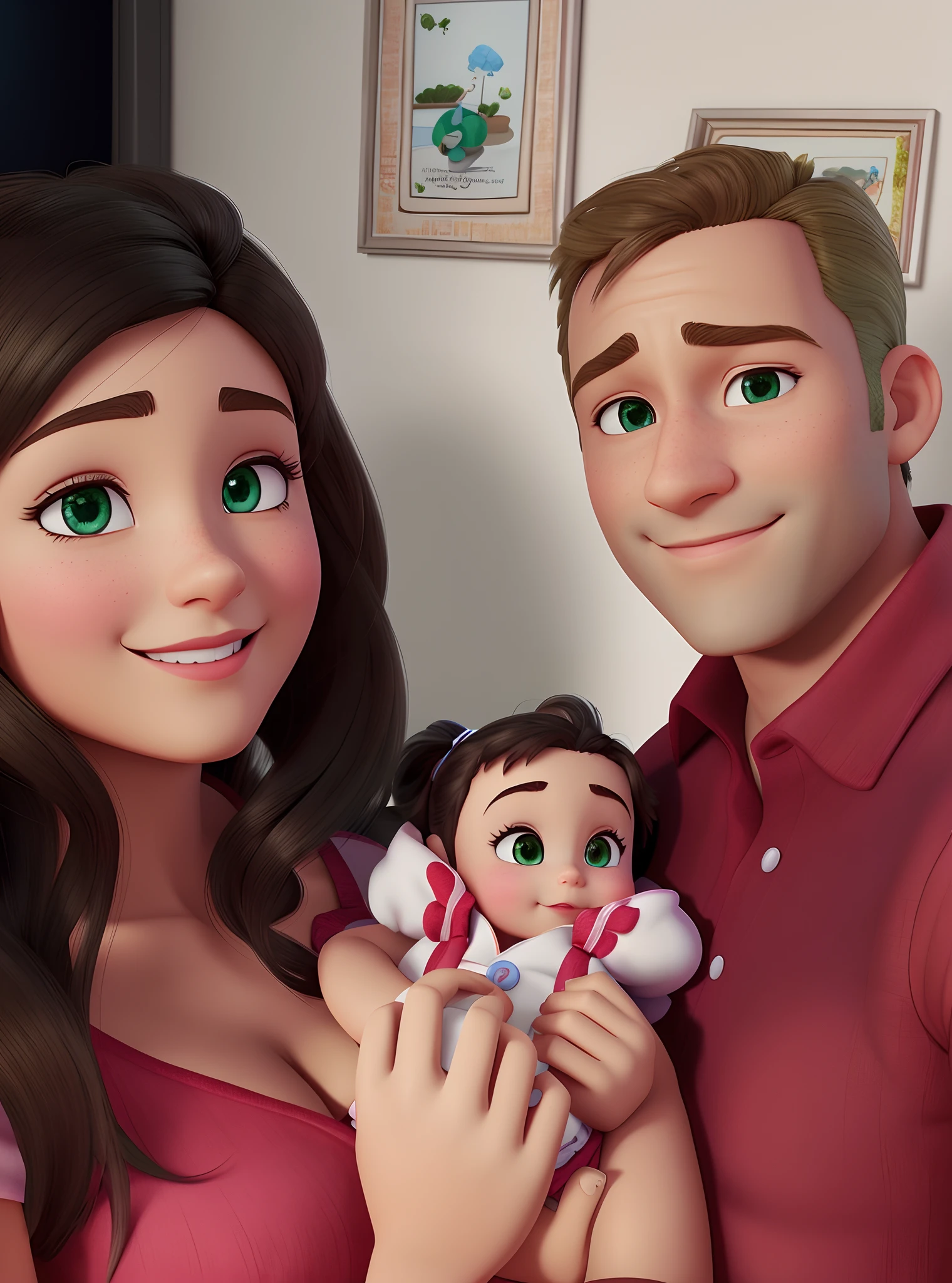 Arafed couple holding a baby and a doll in a living room, animado ainda, imagem de perto, animation still, cena detalhada, Disney fotorrealista, animation movie still, animated film, Full Resolution, desenhos animados realistas, foto ainda, Cartoon style illustration, Cena realista, painting digital adorable, animation movie still, animation movie still, animation film, disney render
