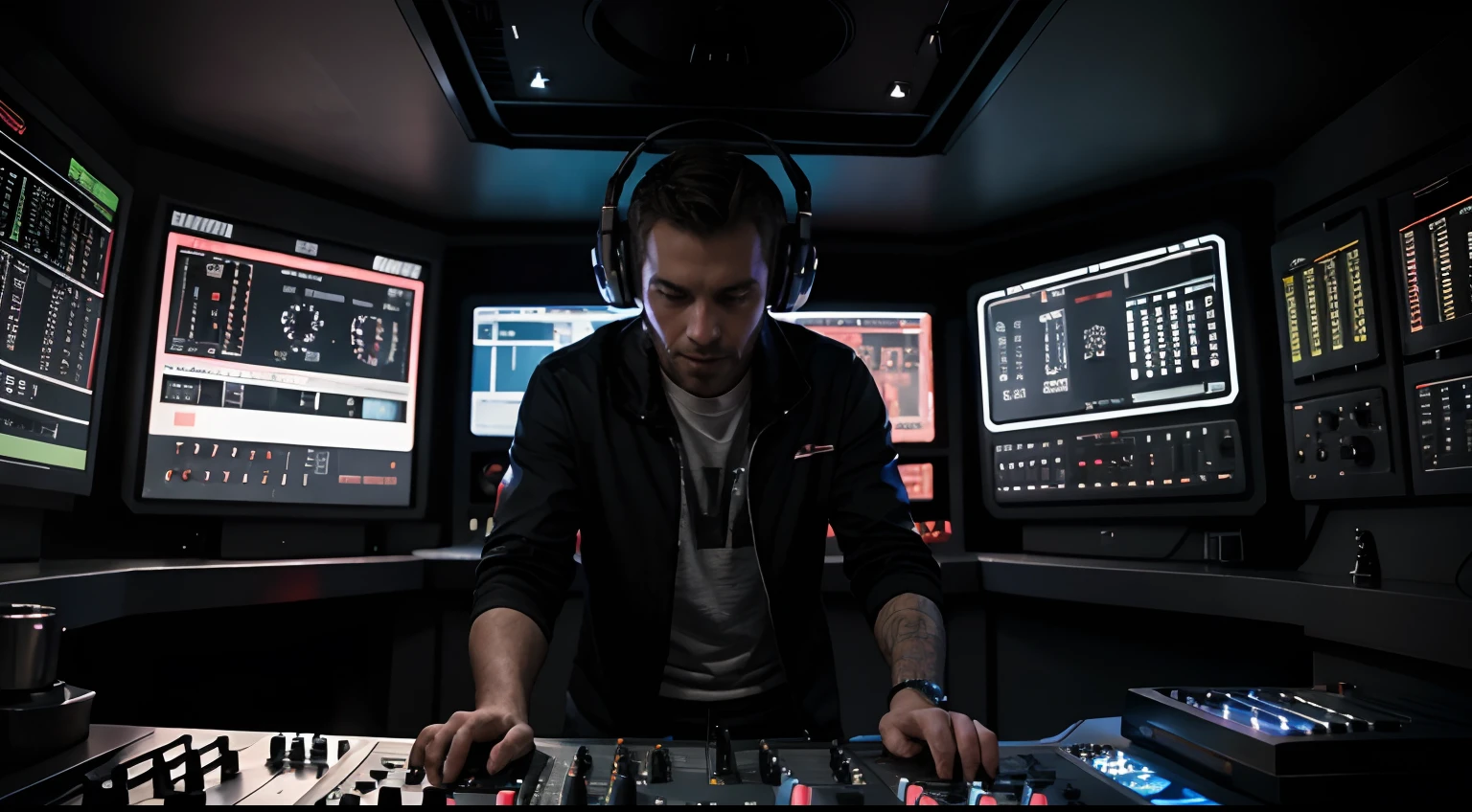 Scifi Discjockey an 2 Plattenspielern mit einem Mixer in der Mitte in einem Raumschiff