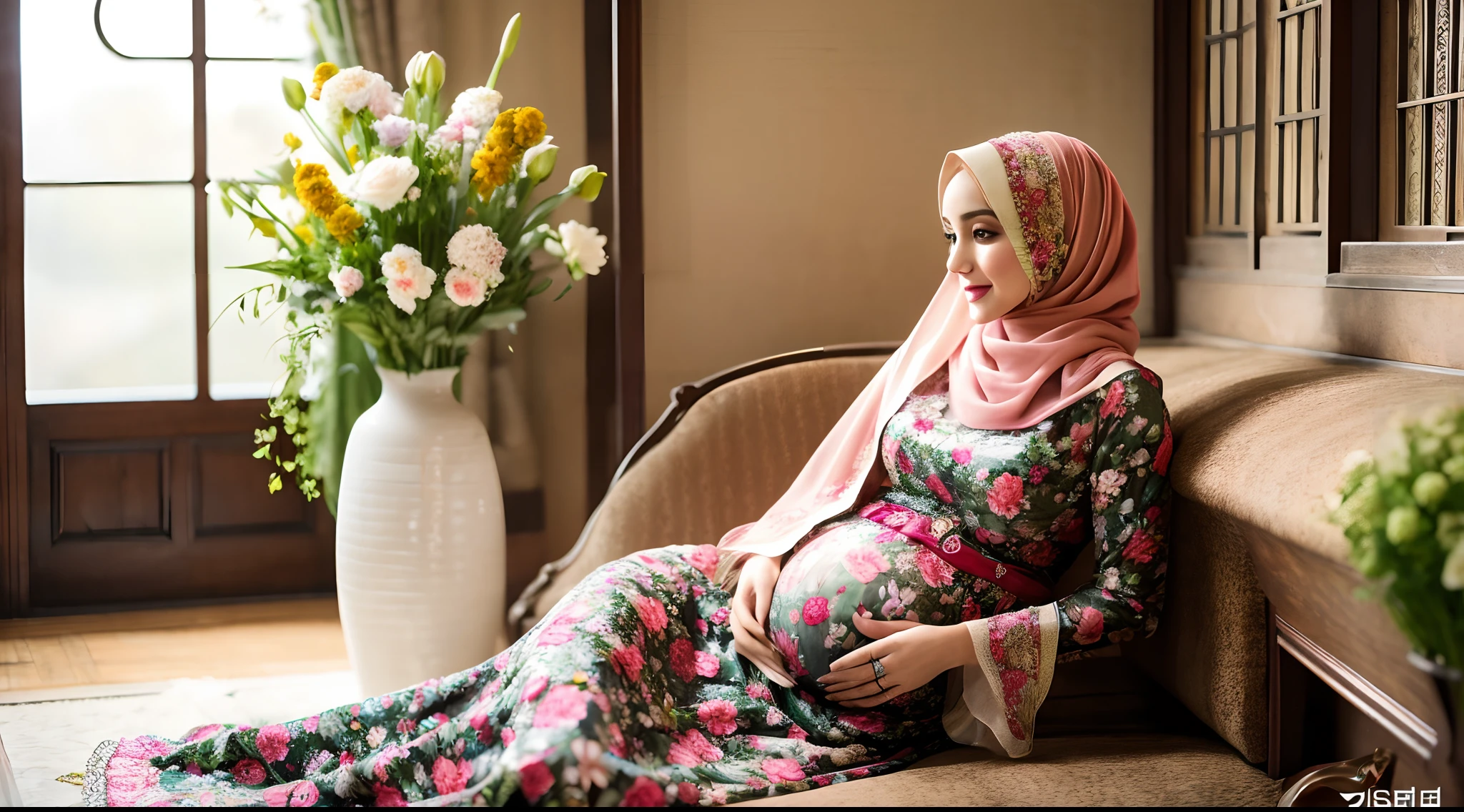 Beautiful Hijab Pregnant Woman in a dress is sitting indoors, surrounded by an array of beautiful cut flowers. She is wearing a beautiful dress with intricate floral designs and embellishments that add to the overall elegance of her look.