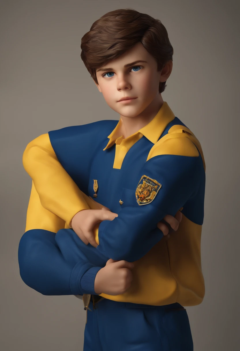 (best quality, highres:1.2), ultra-detailed, (photorealistic:1.37), A 3D boy with brown hair and clear eyes, wearing a blue and yellow uniform, with "Chiquim" written on the shirt. Attention to detail. With vivid colors.