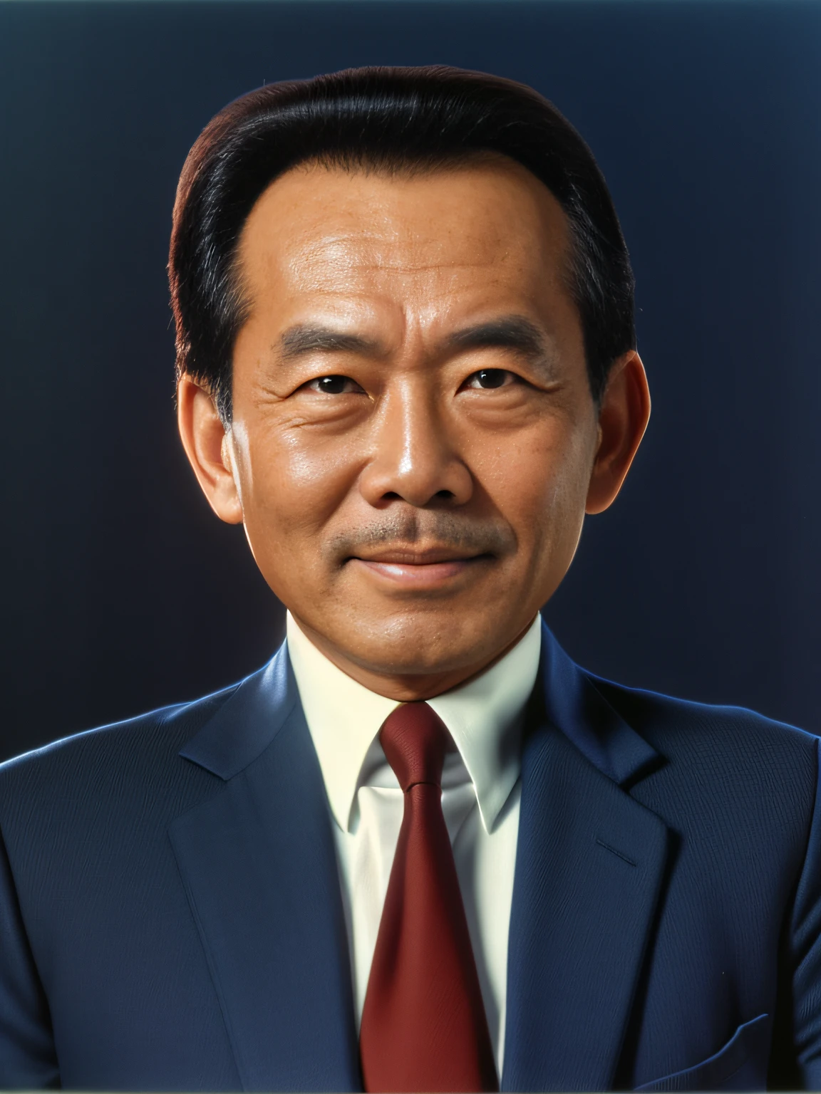 Highly realistic photo, image of a 60 year old Asian man, hight forehead, high-swept hair, photo taken in 1985 with Kodak, wearing a suit, dark blue background