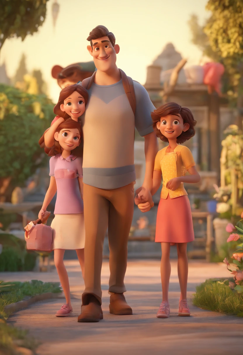 Estilo Pixar: Familia, Um pai, A mother and two girls. Uma de 6 anos e outro de 2 anos . Uma fazenda com vacas lindas e marrom .