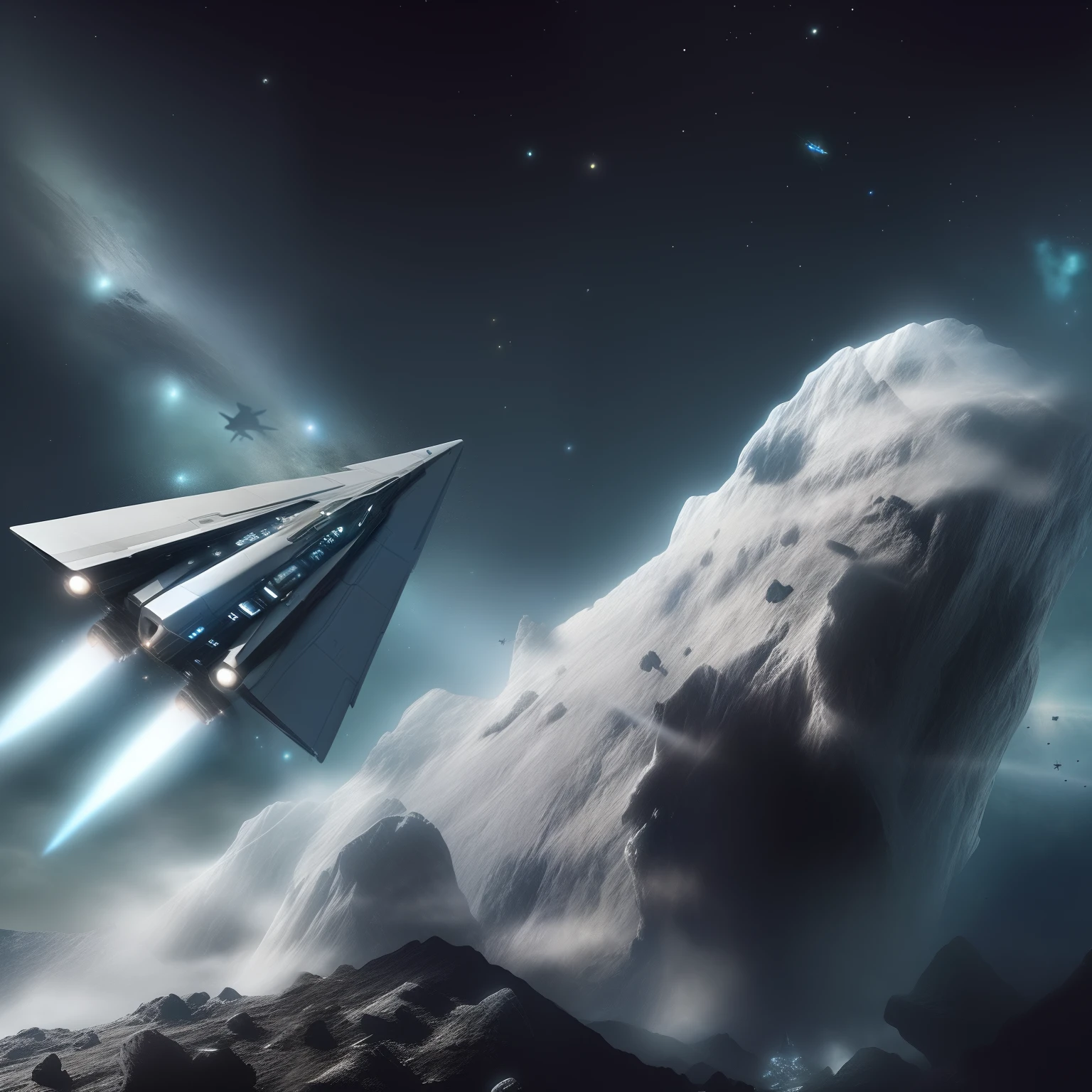 spaceship flying over a rocky surface with a space shuttle in the background, star citizen digital art, an epic space ship scene, award winning scifi art, sci-fi digital art, star citizen, sci fi artwork, spaceship flies in the distance, star citizen origin 100i, star citizen concept art, spaceship in a nebula, space opera and dystopian style
