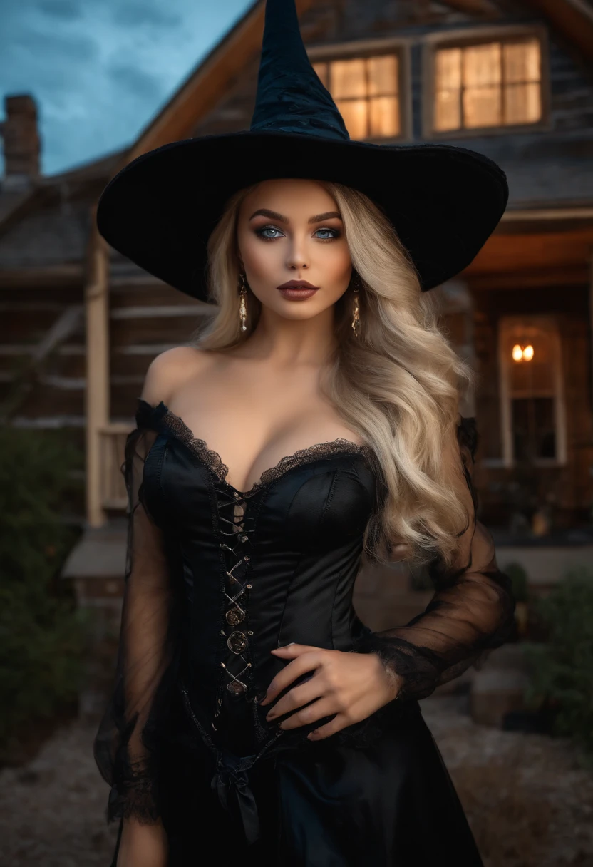 arafed woman fully , sexy girl with blue eyes, ultra realistic, meticulously detailed, portrait sophie mudd, blonde hair and large eyes, selfie of a young woman, meticulously detailed, wearing sexy witch costume for Halloween. Standing in front of black homes Halloween theme