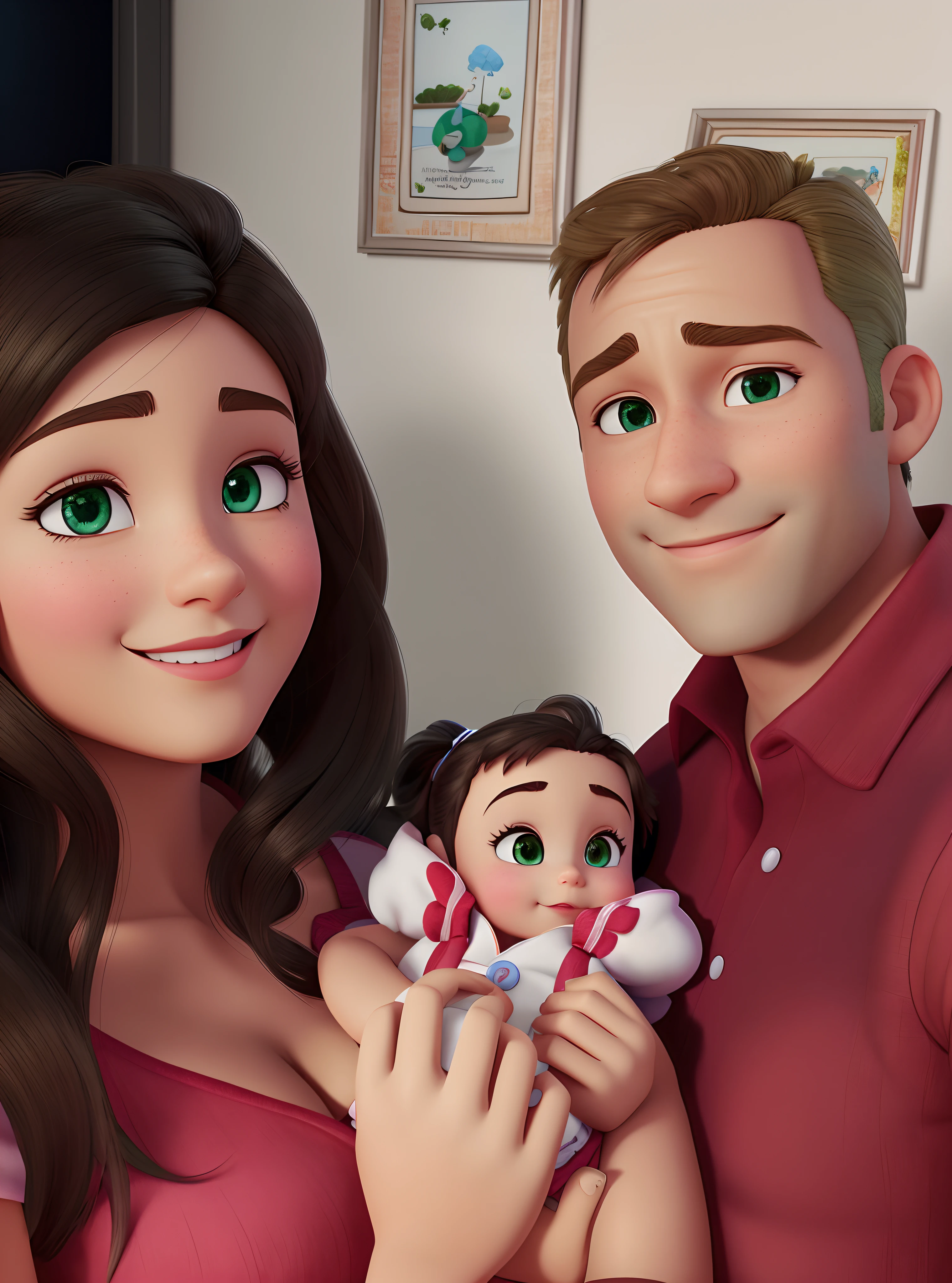 Arafed couple holding a baby and a doll in a living room, animado ainda, imagem de perto, animation still, cena detalhada, Disney fotorrealista, animation movie still, animated film, Full Resolution, desenhos animados realistas, foto ainda, Cartoon style illustration, Cena realista, painting digital adorable, animation movie still, animation movie still, animation film, disney render