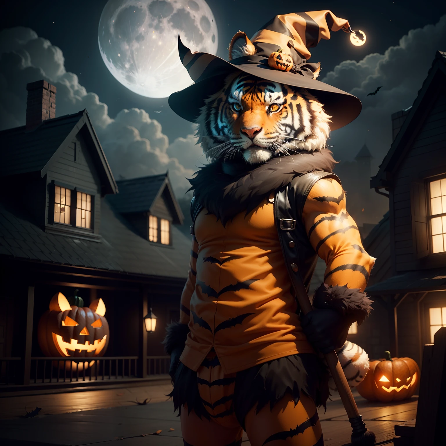Cute tiger wearing Halloween hat,(master-piece,bestquality:1.2),Best Lights,best shadows,Show background, . . . . . .bat,full big moon,Old House,stylized 3d render