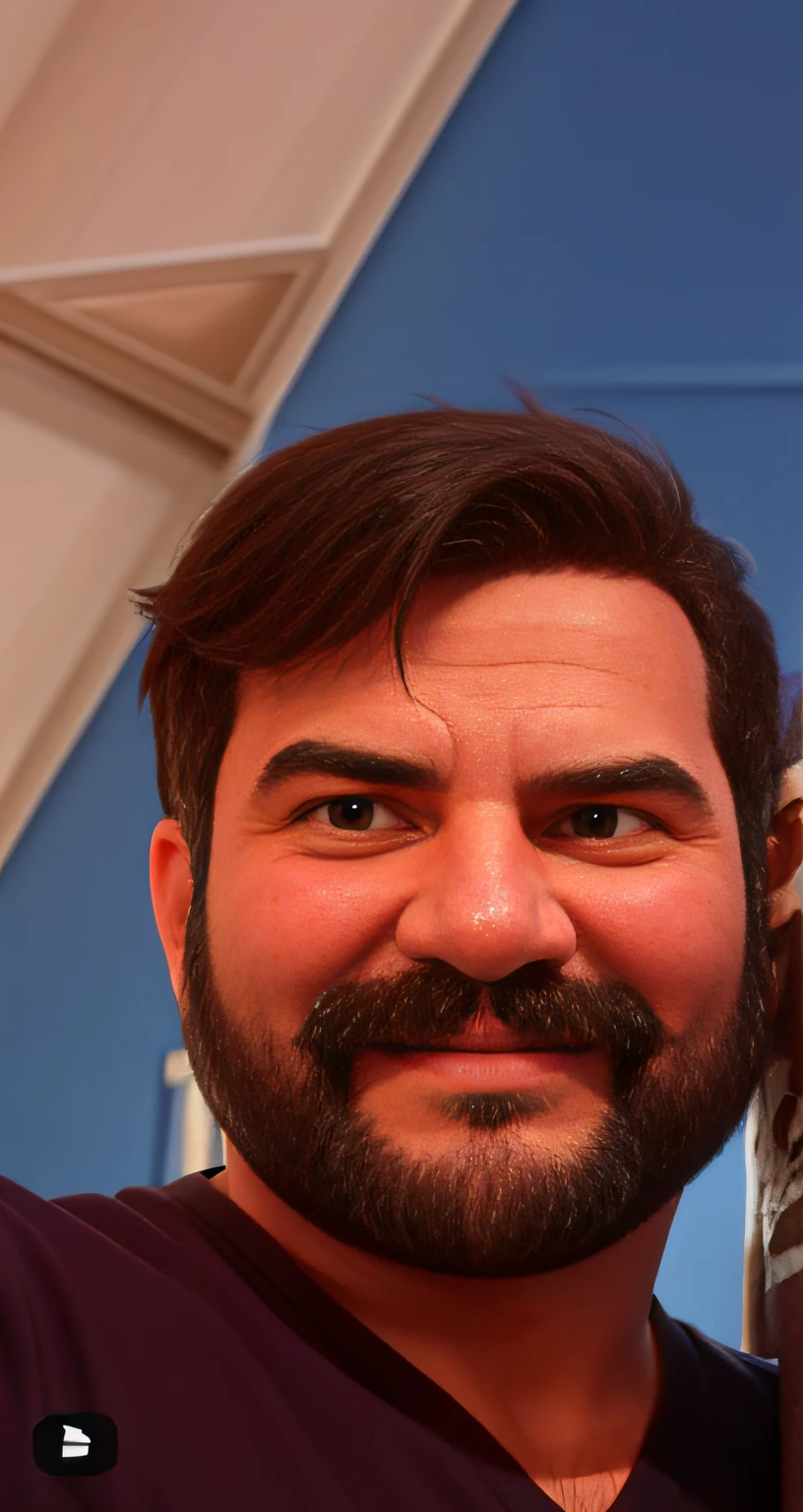Homem de 40 anos barbudo, sorrindo, ao lado do filho, em frente a um fundo azul