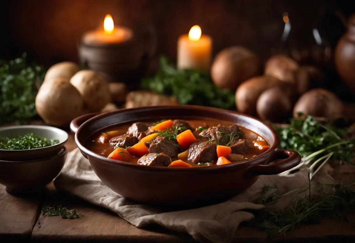 A food photography of Beef Stew A comforting, savory stew with tender chunks of beef, carrots, and potatoes. Create a rustic and cozy composition with a wooden table and a warm blanket in the background, with the beef stew placed in the foreground. Arrange the beef, carrots, and potatoes in an appetizing way that highlights their texture and color, while also adding some fresh herbs for a pop of green. Capture the stew from a slightly overhead angle, showcasing the layers of ingredients and creating a sense of depth. Use soft, diffused lighting to create a warm and inviting atmosphere that highlights the rich colors of the stew. Keep the beef and vegetables in sharp focus, while blurring the background slightly to create a sense of depth and intimacy. Adjust the colors to emphasize the warm, comforting tones of the stew, with rich browns and oranges. Use a medium contrast to create depth and definition between the different elements in the image. Keep the saturation moderate to showcase the natural colors of the ingredients, while still adding a bit of vibrancy. Ensure that the beef is the sharpest element in the image, drawing the viewer's attention to the main ingredient. Emphasize the hearty, comforting texture of the stew through the use of warm lighting and the natural textures of the vegetables and herbs --no cutlery--chaos 2 --stylize 1000  --v 5