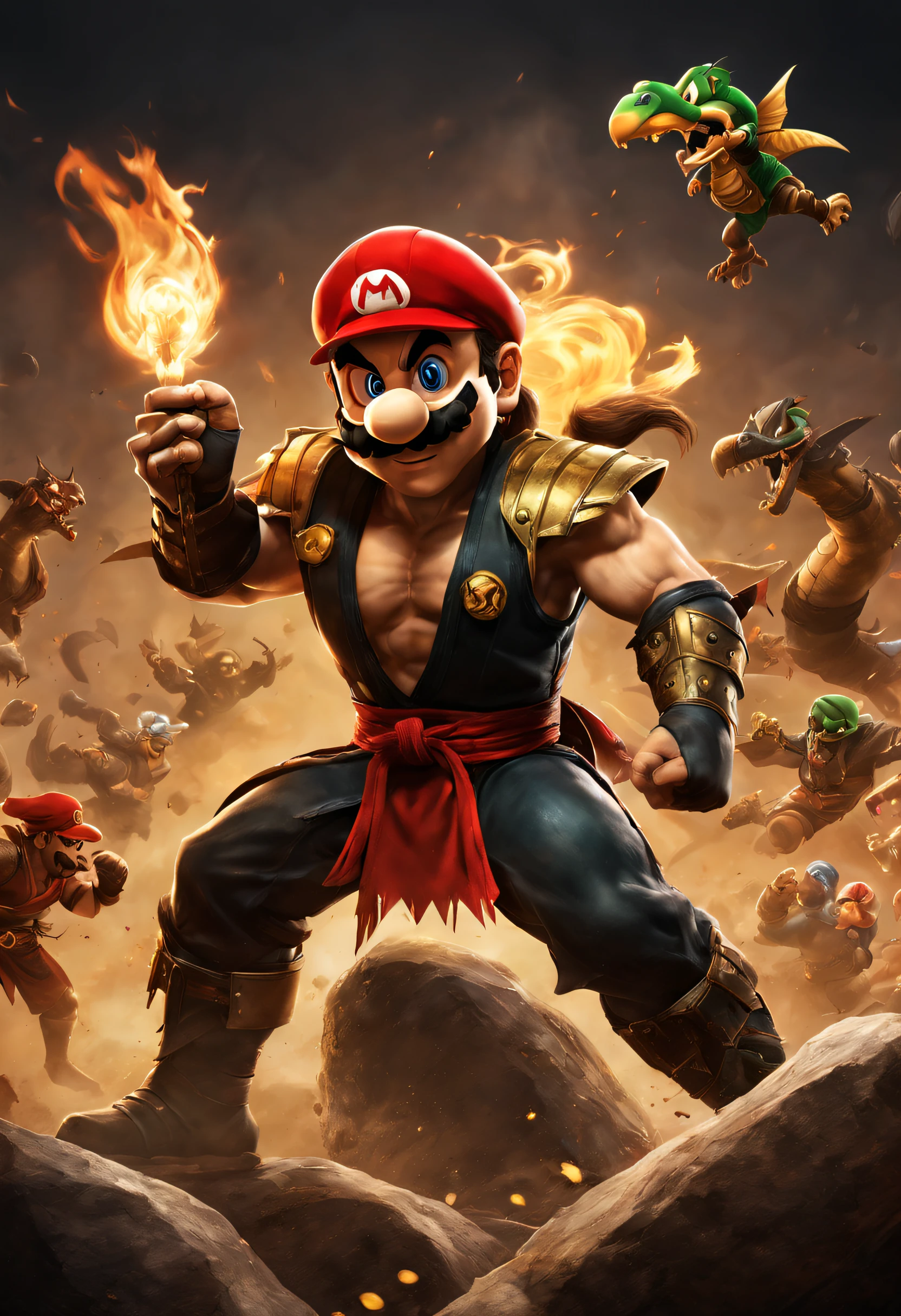 (medium) An epic battle scene between Mortal Kombat and Mario Bros, (best quality,4k,8k,Altas,master part:1.2),ultra-detalhado, (Realistic,fotorrealista:1.37)
Caracteres: Detailed and realistic Scorpion, ABAIXO ZERO, Mario, e Luigi,
Ambiente: a perfect fusion of the worlds of Mortal Kombat and Mario Bros, com elementos como cogumelos, Moedas, and Fatalities
share: Scorpio throwing his signature spear, ABAIXO ZERO usando seus poderes de congelamento, Mario and Luigi performing their iconic jumps and power-ups
bottom: A dynamic and immersive environment, com cores vibrantes e cenografias visualmente atraentes dos jogos, such as Outworld and Mushroom Kingdom
lighting: Dramatic and contrasting, with a mix of subtle atmospheric lighting and strong character-focused lights, Increase the impact of your actions
Art Style: A combination of game graphics and realistic details, Reminiscent of concept art, Bringing the two iconic gaming franchises to life
Color Palette: uma paleta vibrante e rica, with a balance between the dark, gritty tones of Mortal Kombat and the bright, colorful world of Mario Bros