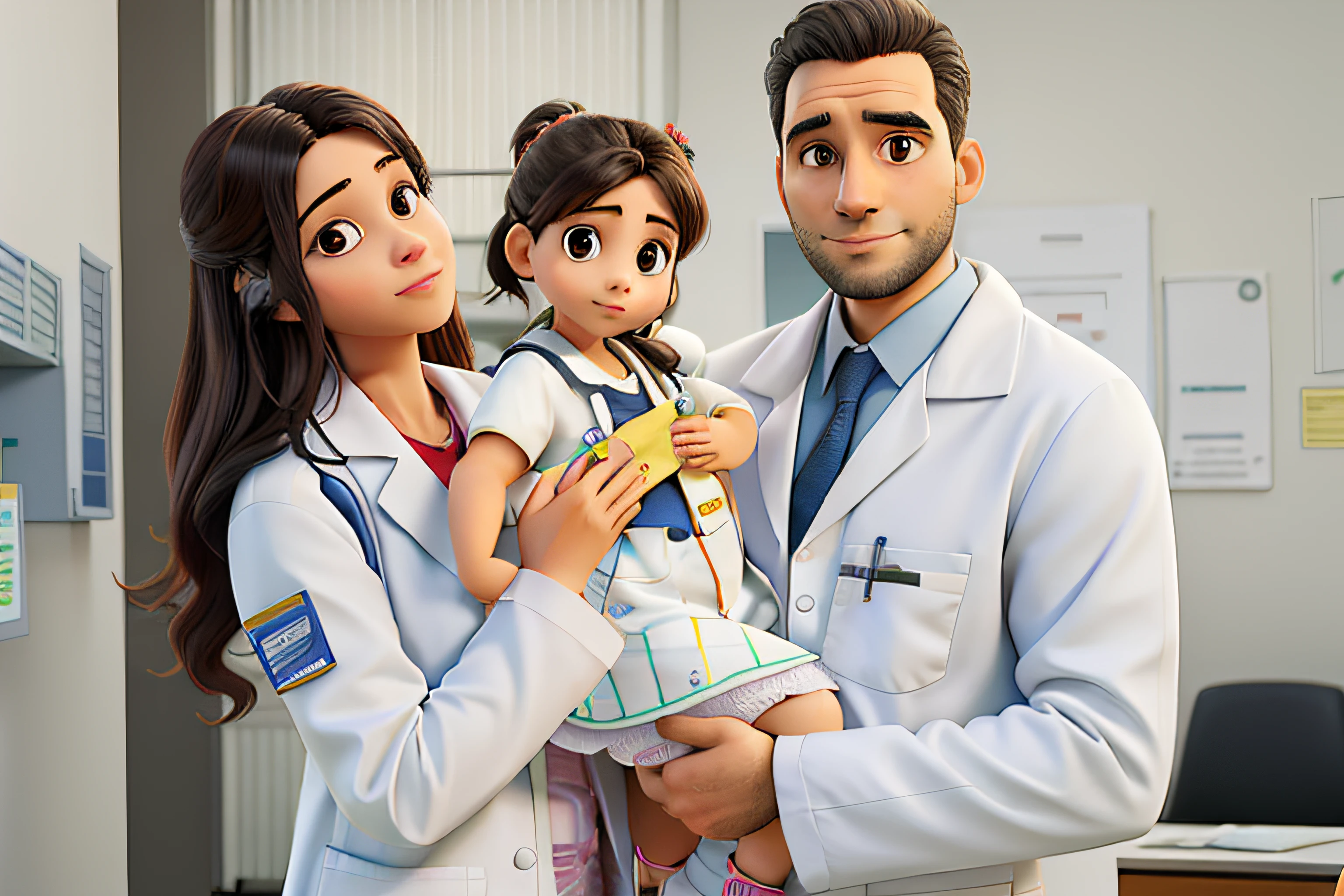 A couple of doctors in lab coats with their daughter on their laps and, no fundo, a sala de atendimento do hopi tal onde trabalham