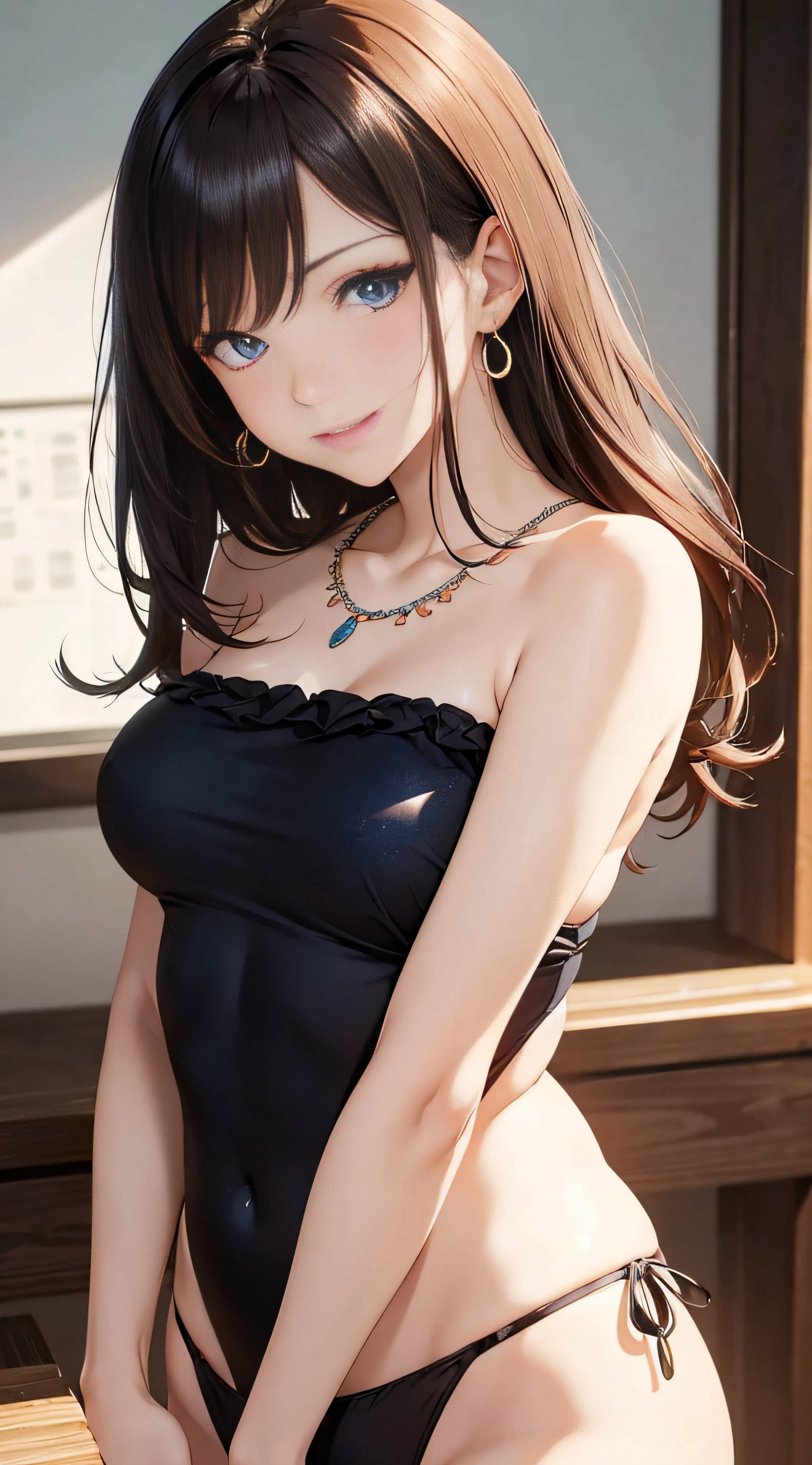 (masutepiece: 1.3), (max resolution: 1.2),, (Detailed eyes and skin), (detailed facial features), nffsw, Sharp Focus: 1.2, Perfect Style, Beautiful face, Perfect body,Highly detailed face and skin texture, Detailed eyes, Dark-blue eyes, Double eyelids, Thin eyebrows, Glitter Eyeliner: 1.2, Natural cheeks, Glossy skin, Fair skin: 1.2, shiny little necklace and earrings, (Glossy lips: 1.A very cute female teacher), (Seductive smile: 1.2), ((a Innocent and cute girl:1.3)), (long, straight haired, bangss), (ligh brown hair:1.2), medium large breasts, FULL BODYSHOT Shyness Floral swimsuit Herren cute little Breast Emphasis Pose Sexy Hips Slouched Kamimei Wet shirt