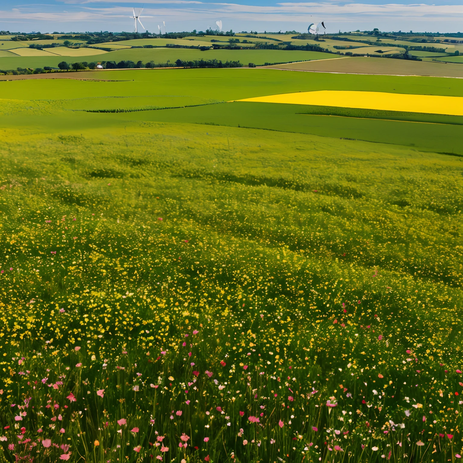 crie uma imagem com o seguinte PROMPT: There is a field of flowers with a windmill in the background, uma mulher loira de cabelos longos,vestido azul longo, Campo de flores cor-de-rosa, an aesthetic field of flowers, Campo de flores, cosmos em segundo plano, flores surreais de waiizi, standing in flower field, standing in a flower field, Campo de flores, Cosmos, Vasto cosmos, flores em primeiro plano, Cosmos em miniatura, Campos de flores, Tiroteio com drone