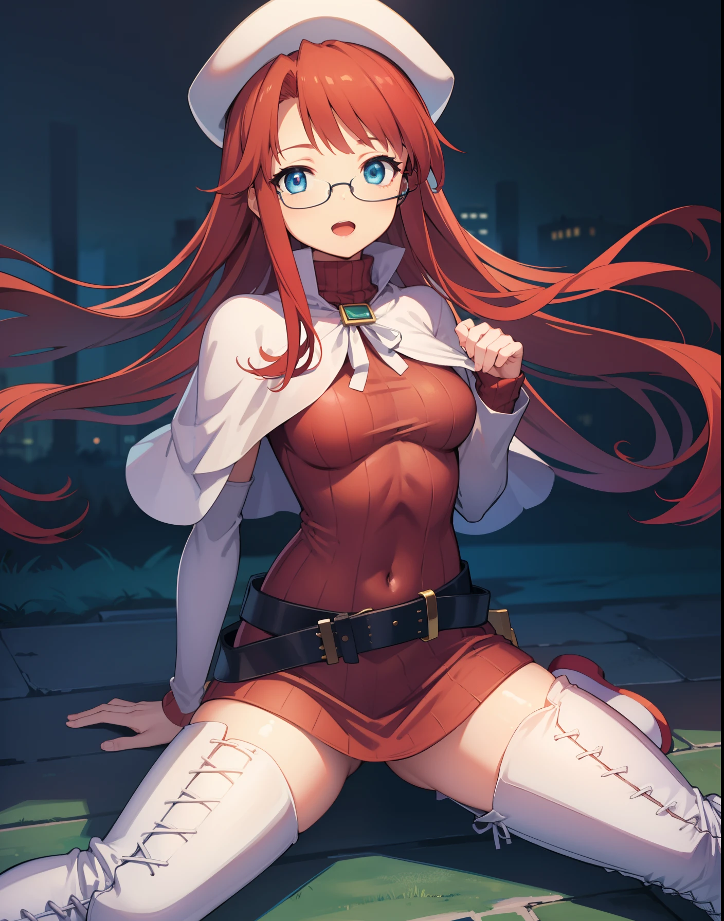 summonnightaty, aty, long hair, blue eyes, red hair, beret, hat, glasses,
BREAK long hair, thighhighs, hat, dress, boots, glasses, belt, cape, sweater, zettai ryouiki, beret, thigh boots, white footwear, ribbed sweater, loose belt,solo,
BREAK outdoors, fantasy_town,
BREAK (masterpiece:1.2), best quality, high resolution, unity 8k wallpaper, (illustration:0.8), (beautiful detailed eyes:1.6), extremely detailed face, perfect lighting, extremely detailed CG, (perfect hands, perfect anatomy),(covered_nipples:1.3),covered_navel,light_smile,dynamic_posing ,walking,(half_eyes:1.2),light_open_mouth,sword,armpit
