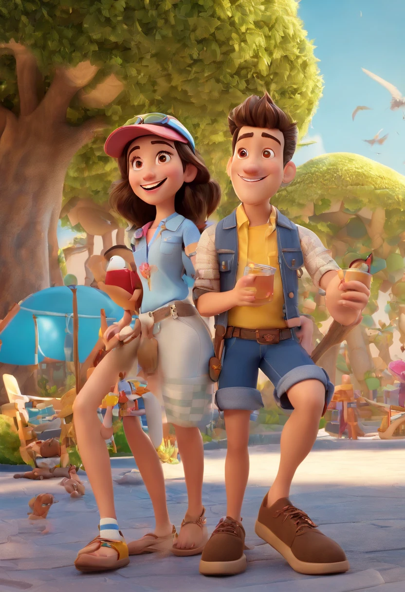 Cartoon of friends having fun on vacation together, 3D Animation Movie Poster, Poster de filme animado, pixar 3 d animation style, pixar renderman rendering, maia 8 mil, animated film, Disney Pixar Estilo 3D, amigos felizes saem juntos, all wearing light blue shirts and cream brown long pants, camisa azul clara, cream brown pants, ao ar livre, vacation, Disney Pixar Animation Poster