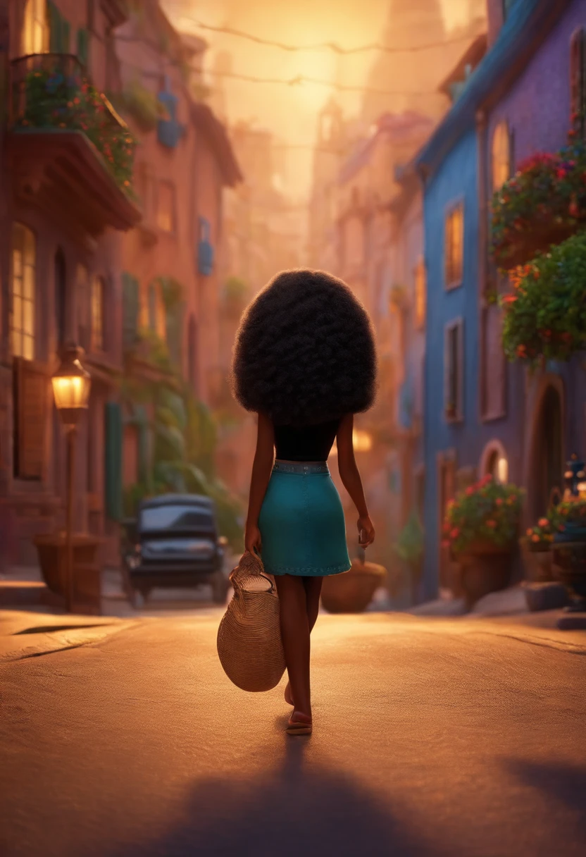 Um filme inspirado na Disney Pixar ( NEGRA JOVEM COM CABELO LONGO CACHEADO PRETO) dentro A cena estar na arte distinta do estilo PIXAR, descolada e estilosa