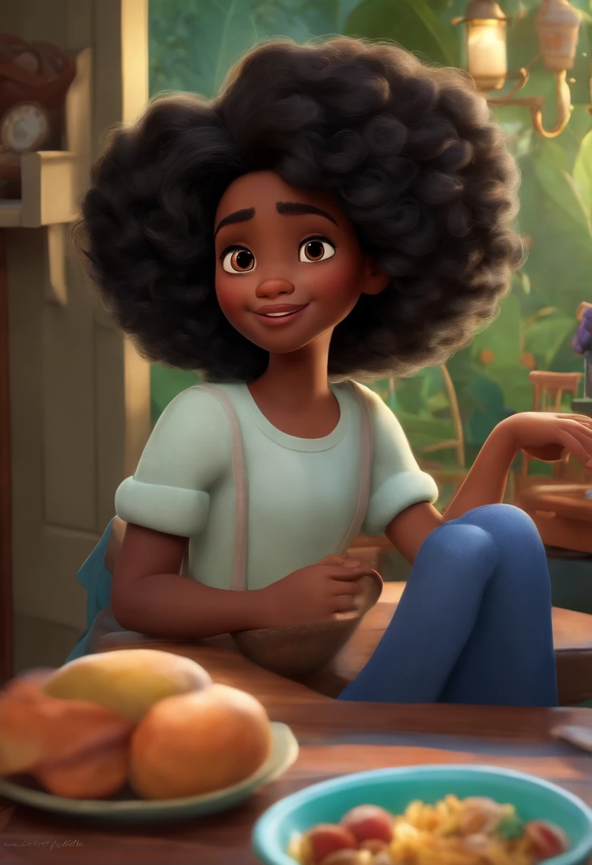 Um filme inspirado na Disney Pixar (MENINA NEGRA JOVEM COM CABELO LONGO CACHEADO PRETO) dentro A cena estar na arte distinta do estilo PIXAR, descolada e estilosa