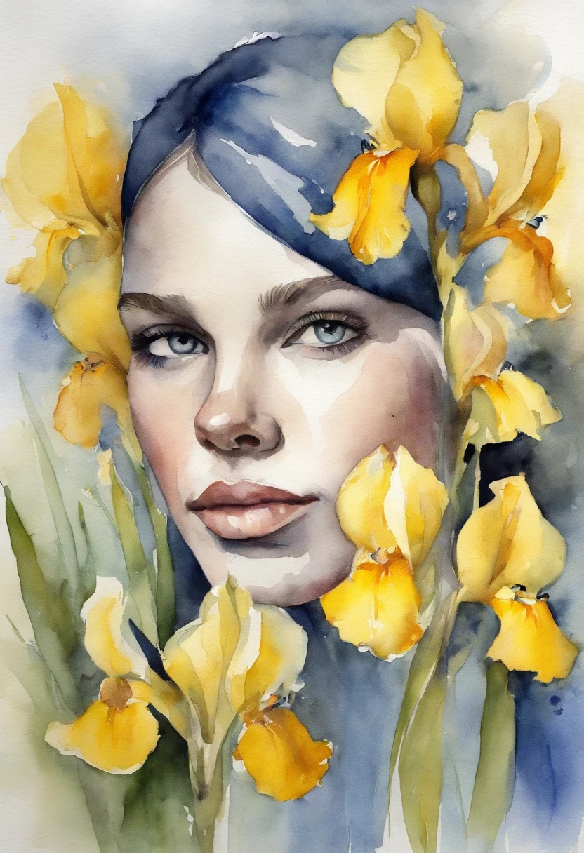 Young girl with yellow and blue iris, Estilo Stacia Burlington, Aquarela, Cor suave, rosto sereno, Close-up, Imagens vintage