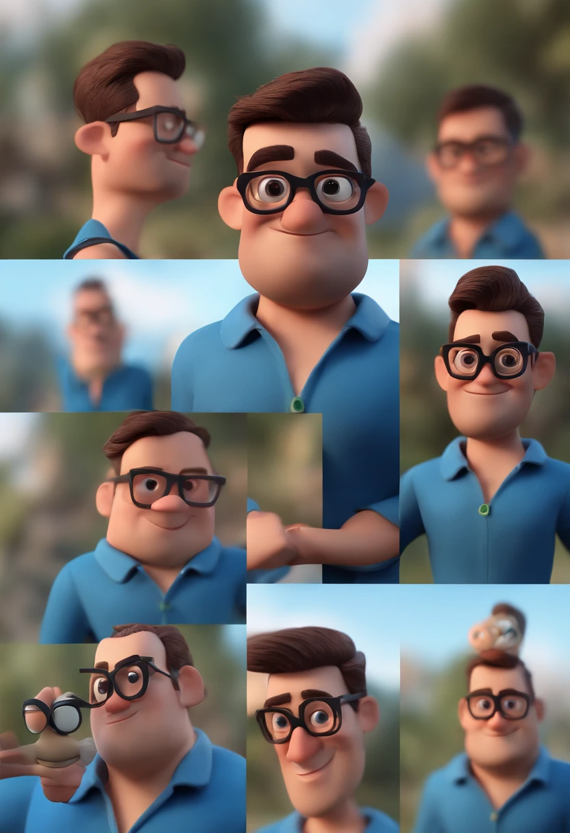 Cartoon character of a man with black glasses and a blue shirt, animation character, Caractere estilizado, animation style rendering, 3D estilizado, Arnold Maya render, 3 d render stylized, toon render keyshot, Personagem 3D, Personagem 3D, 3d rendering stylized, 3 d character render, personagem de desenho animado, Personagem de close up, Pose de personagem, (Estilo Pixar) (master part:1.2) (Bokeh) (best quality) (pele detalhada) (textura detalhada) (8k) (argila) (Cinematic lighting) (foco nítido