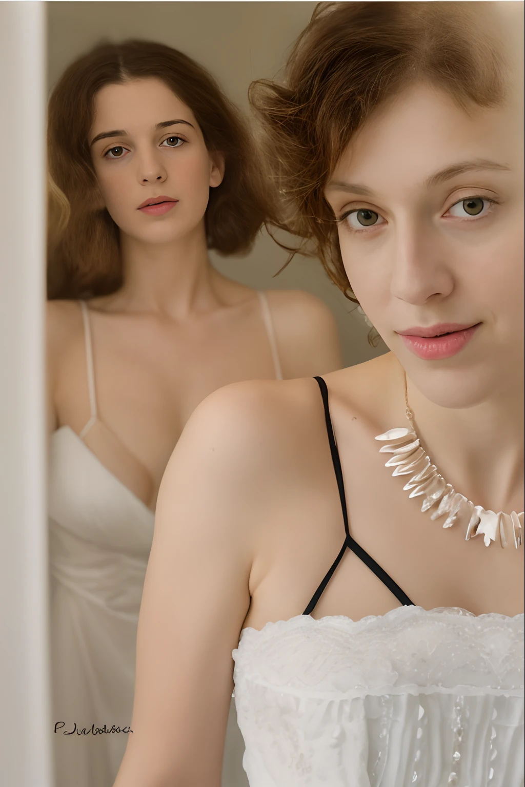 Il y a une femme en robe blanche qui regarde son reflet dans un miroir, image portrait, Décolleté, Sandra Chevier, Photographie de boudoir, Portrait féminin, photo portrait, inspiré par Elsa Bleda, Portrait 60mm, Malika Favre, collerette sculptée fractale en ivoire, par Nándor Katona, Portrait 50mm