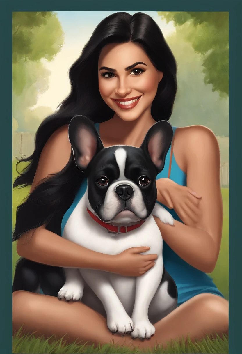 Disney Pixar-inspired poster with the title Happy Couple, , morena, barba curta, wearing cap, 34 anos, sorridente, Woman, shoulder-length black hair, Orthodontic braces on the teeth, sorriso marcante, Sitting on the lawn with a 2 month old French bulldog puppy, preto.