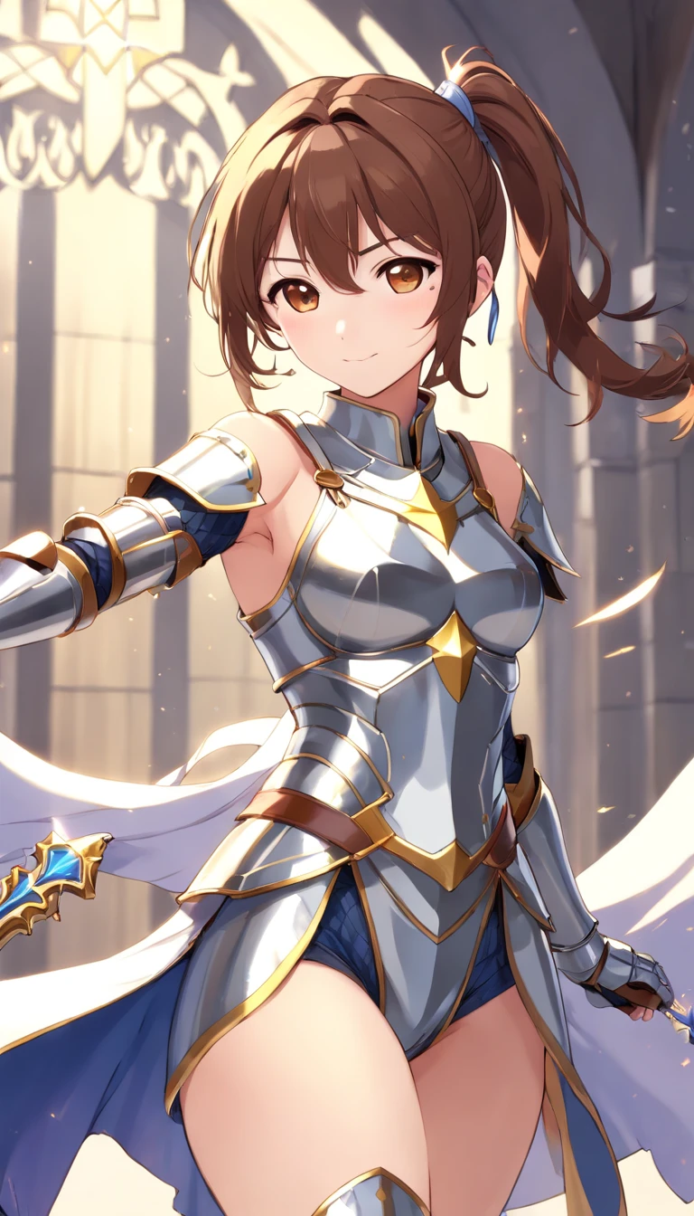 Asuna, Asuna_(As estrelas), (1girll,Solo) ,Fantasy, hight resolution, 19 Private, Original, (Sheath on the waist:1.3), Smile, , Short hair, medium breasts, view the viewer, Bangs ,Hazel Eye Detail, , Hands on the chest,(Brown hair,short ponytail hair:1.5), ,Short hair, Standing,straight-on, ABEC,(full body Esbian:1.1), white thighhig,(ABEC:1.4),a close up of a woman in armor holding a sword, armor girl, bikini armor female knight, Bikini Armor, bikini-armor, Gorgeous Female Paladin, Female knight, of a beautiful female knight, Beautiful armor, A slender、silver bikini armor, Exposure of the abdomen, ornate bikini armor, stunning armor, The knight of beauty smiled,Longitudinal navel、skin gloss、skin gloss、full body Esbian,Futomo,Silver Armored Boots