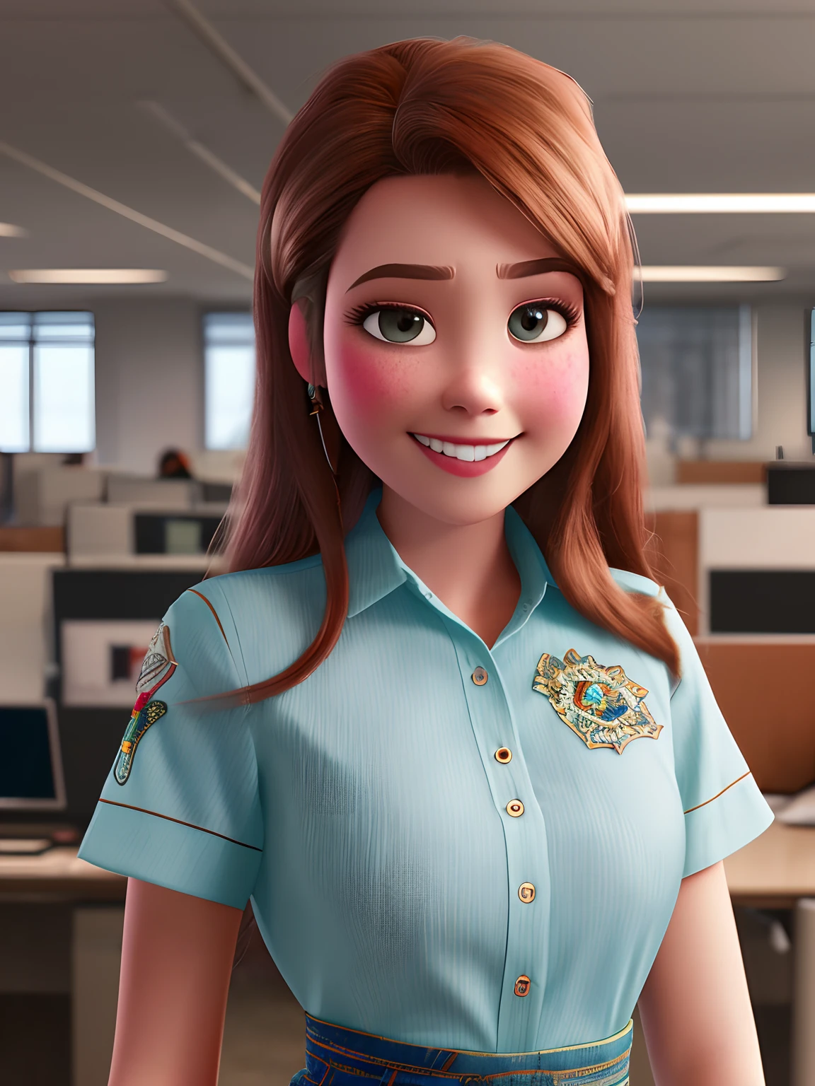 pixarstyle a waist-length portrait of a young woman in a office shirt, smile, office, natural skin texture, 4k textures, hdr, intricate, highly detailed, sharp focus, cinematic look, hyperdetailed