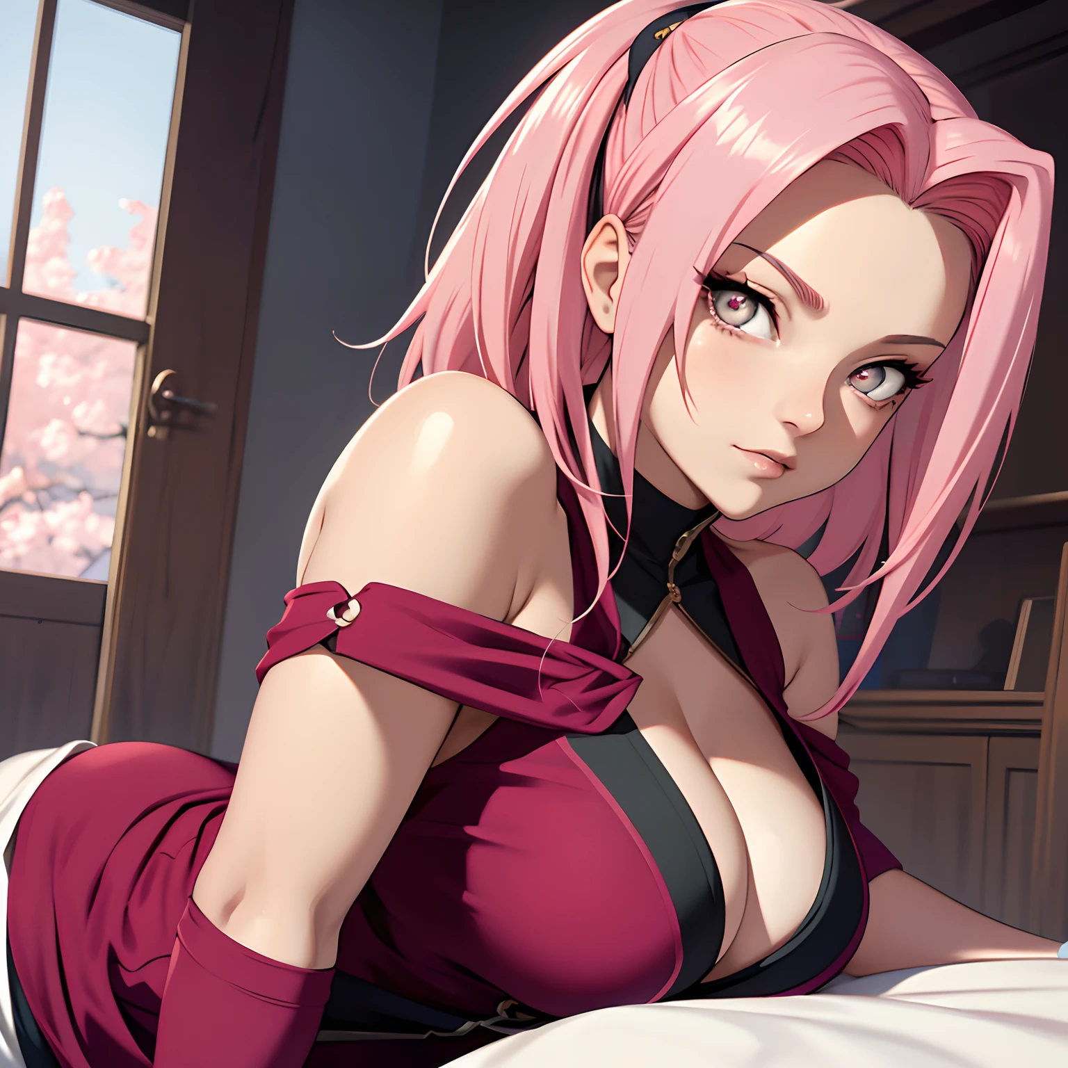 tmasterpiece， Best quality at best， 1girll，Solo， Sakura Haruno， Large breasts，Off-the-shoulder attire，（cleavage)，（upperbody closeup)，Raised sexy，is shy，with pink hair， long whitr hair， （greene eyes:1.3)， Forehead protection， Lying on a white bed，barechested