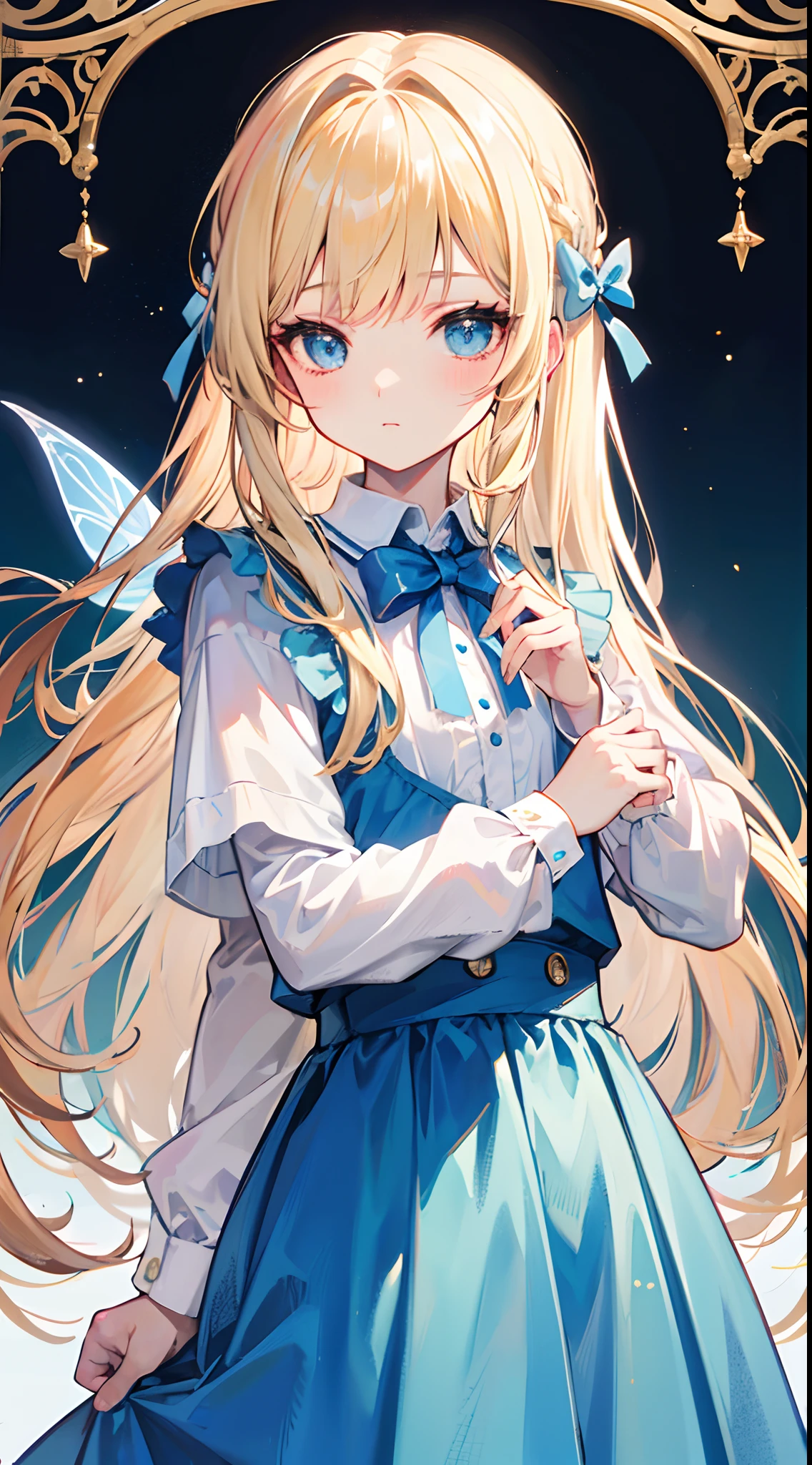 Long blond hair, blue eyes, light blue skirt, light blue bow, Alice, fairy tale, European style