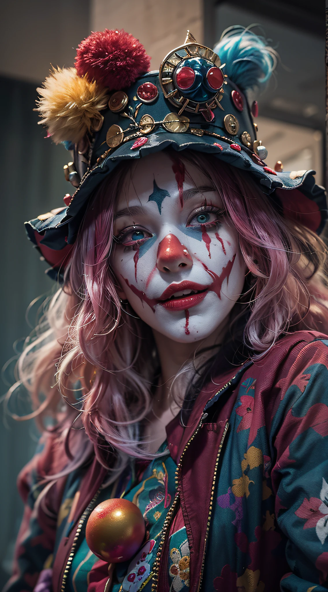 (Psychopath Halle Quinn),Reddens Nose,Cute,Wavy hair, feathered headdress,Sparkling sequins,(Colorful clown costumes), (Jester cap),high-heels。burst into laughter, (The ground was covered in blood), (Standing in an abandoned hospital hallway),Vibrant colors,painting-like,Sharp contrast,ominous lighting.Best quality, Realistic, Photorealistic fidelity: 1.37, Artistic interpretation, Masterpiece: 1.2.