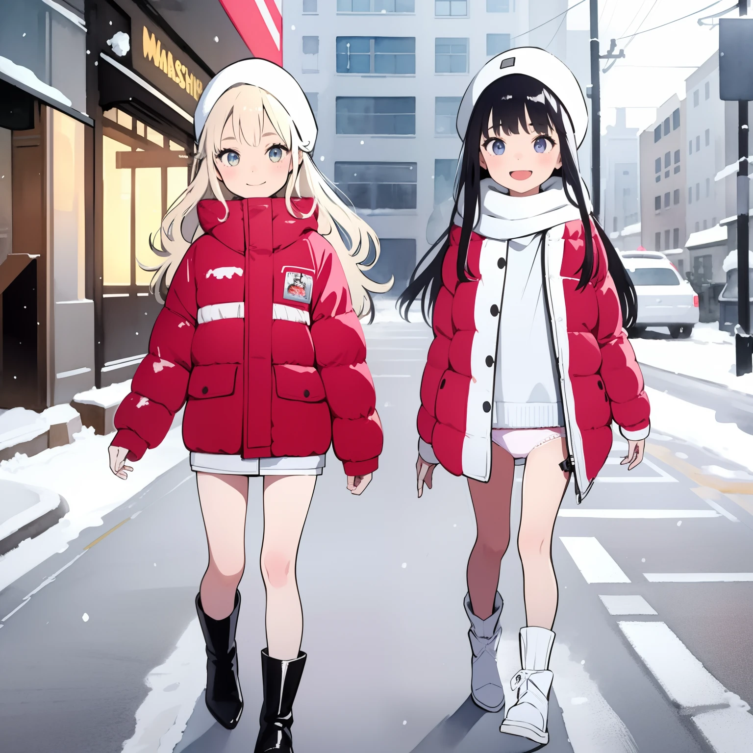(masterpiece:1.2, best quality), 2girls, ite, chiolorful down jacket, (white panties), long hair, smile, walk the street, winter, snow, white, bright, watercolor