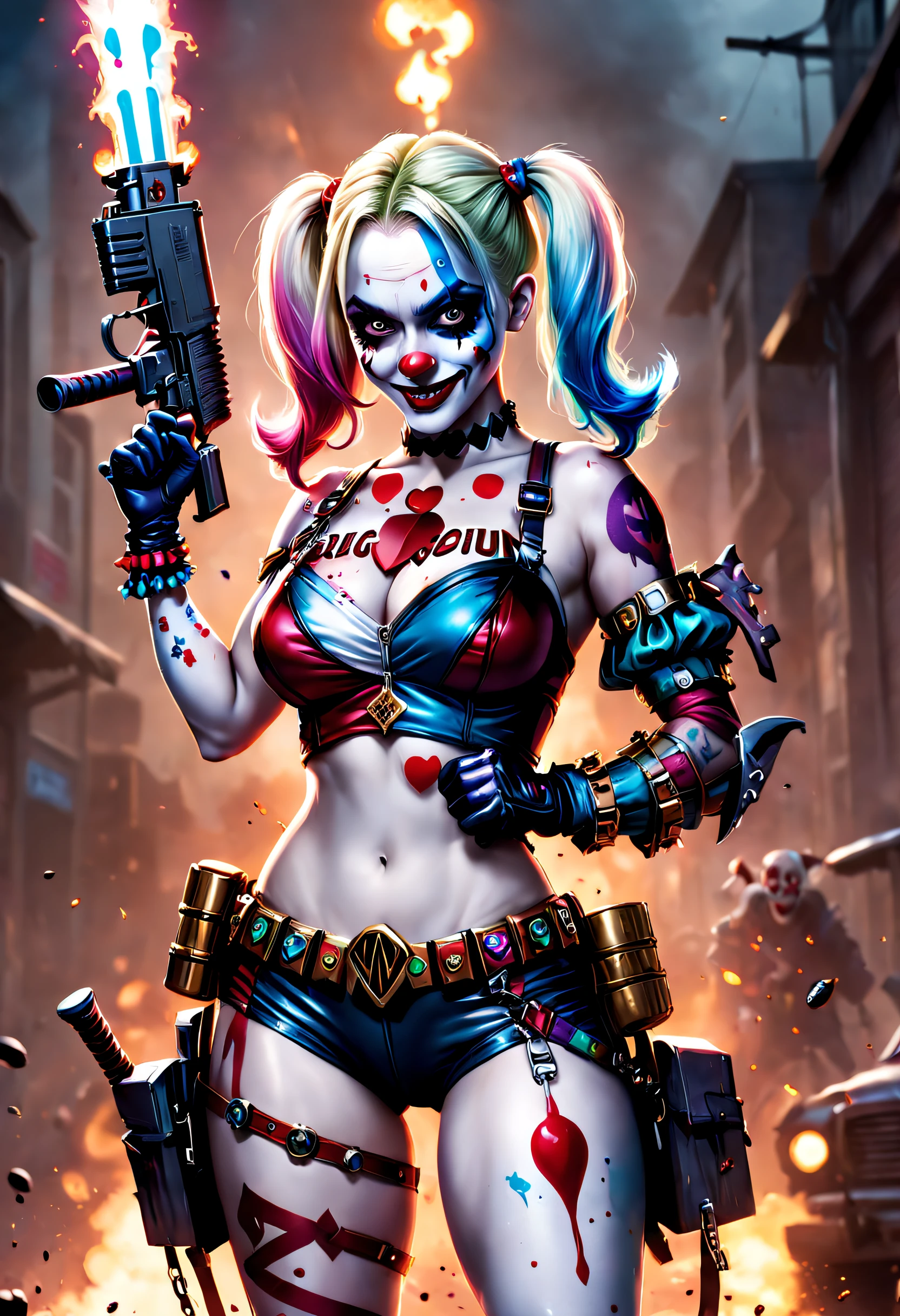 cinematic ligh,《Suicide Squad》,Harley Quinn, Clown Girl,Armed with a Gatling in hand,( Logo design_1.5),Harley Quinn logo,Create a nuanced necromancer style