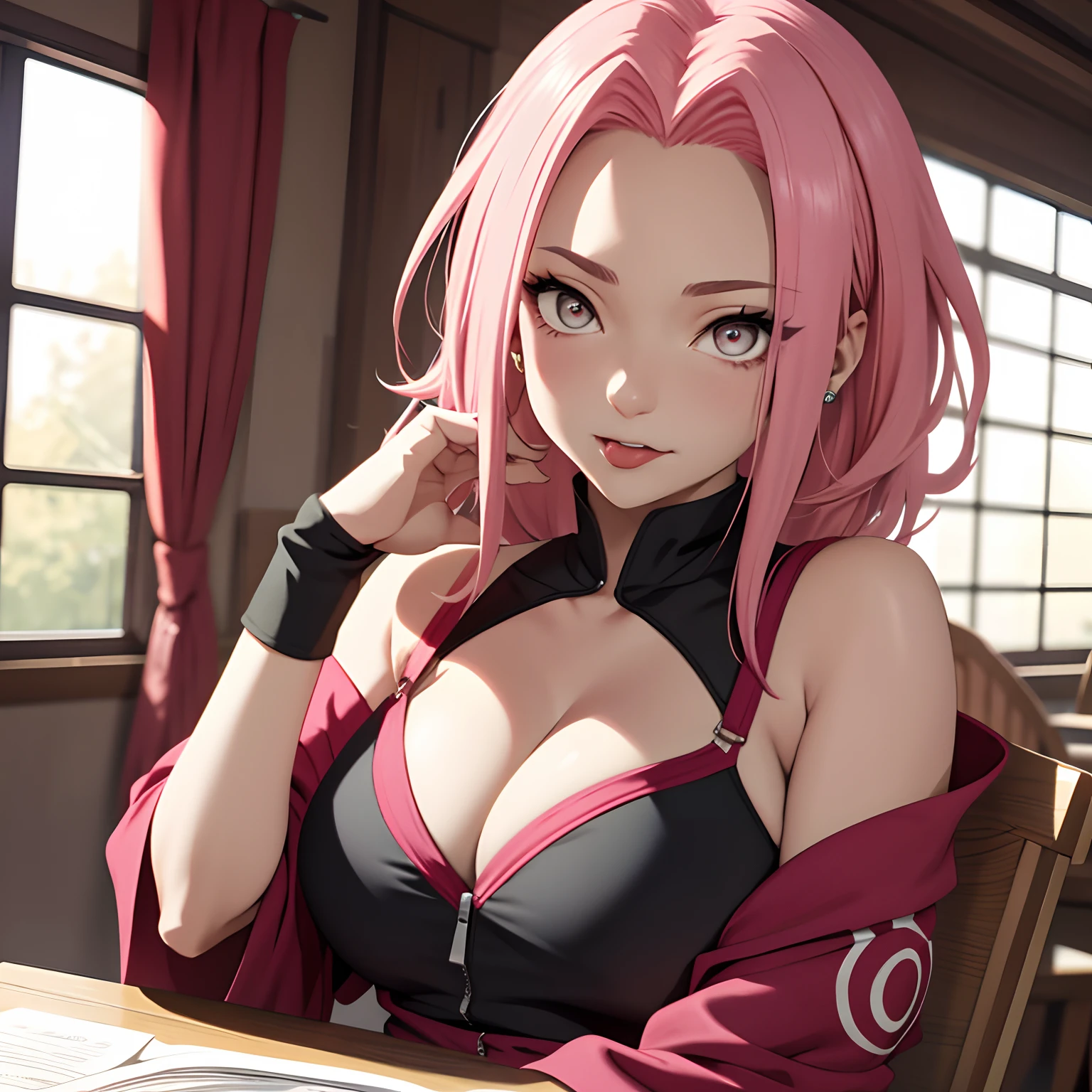 tmasterpiece， Best quality at best， 1girll，Solo， Sakura Haruno， Large breasts，Off-the-shoulder attire，（cleavage)，（upperbody closeup)，Raised sexy，is shy，with pink hair， long whitr hair， （greene eyes:1.3)， Forehead protection， Lying on a white table，barechested, tongue out, piercing in tongue